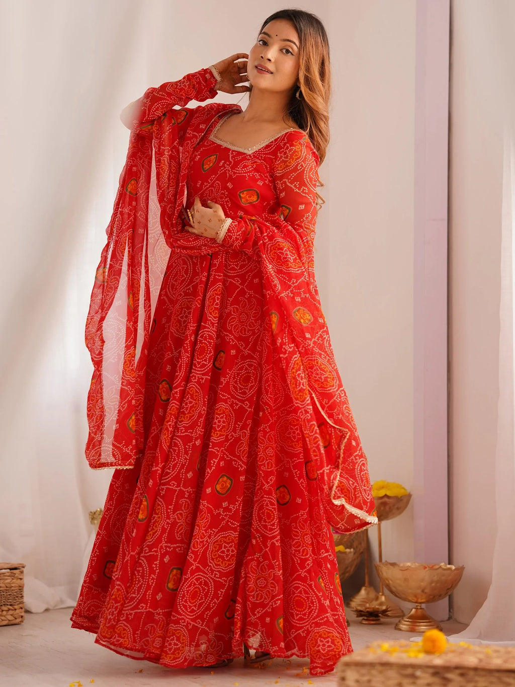 Red Marvelous Bandhani Printed Georgette Festival Wear Anarkali Suit
