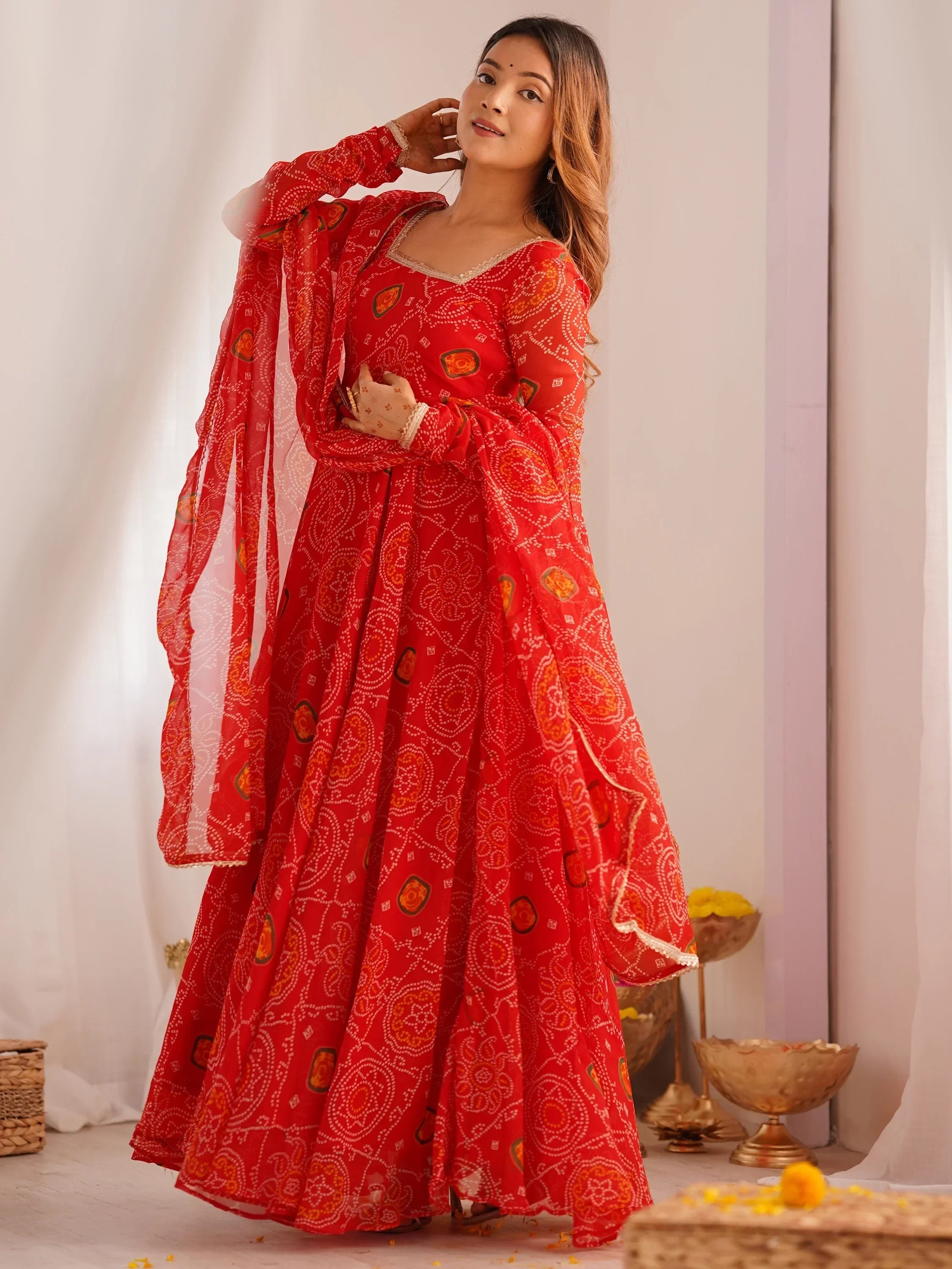 Red Marvelous Bandhani Printed Georgette Festival Wear Anarkali Suit