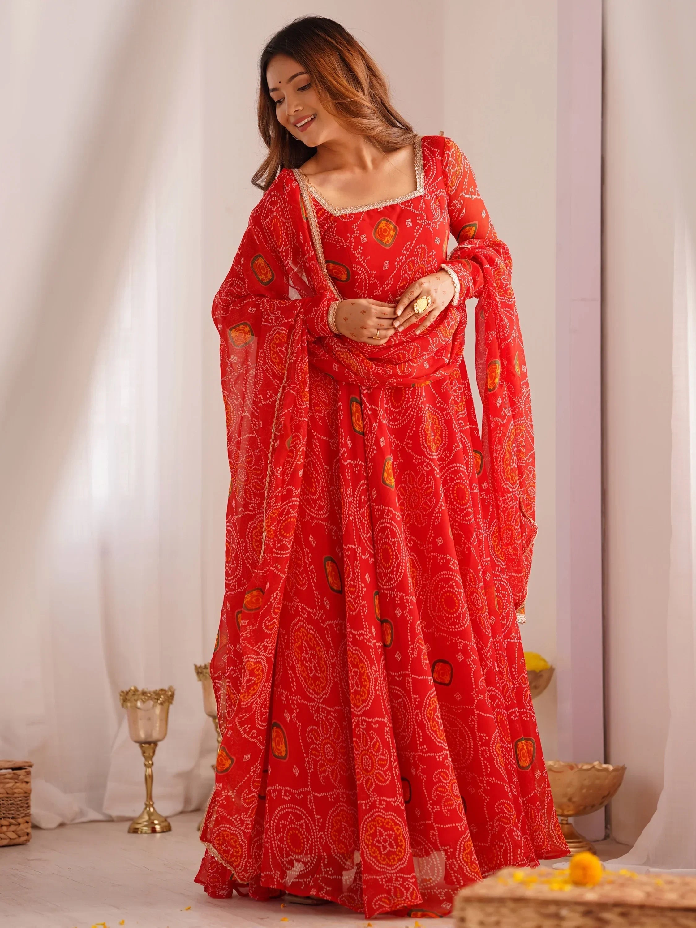 Red Marvelous Bandhani Printed Georgette Festival Wear Anarkali Suit