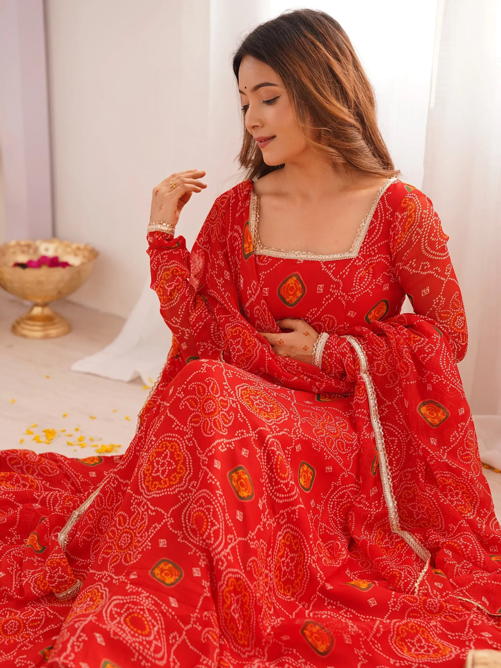 Red Marvelous Bandhani Printed Georgette Festival Wear Anarkali Suit