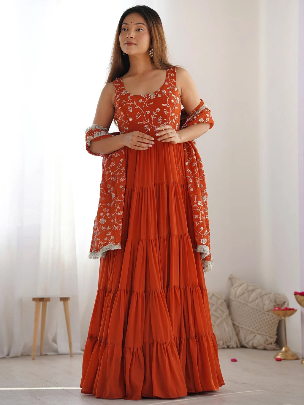 Orange Fascinating Embroidered Georgette Anarkali Gown With Dupatta