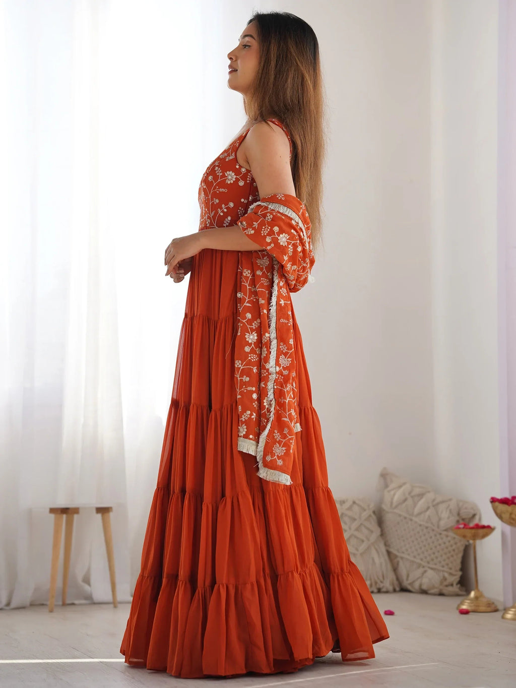 Orange Fascinating Embroidered Georgette Anarkali Gown With Dupatta