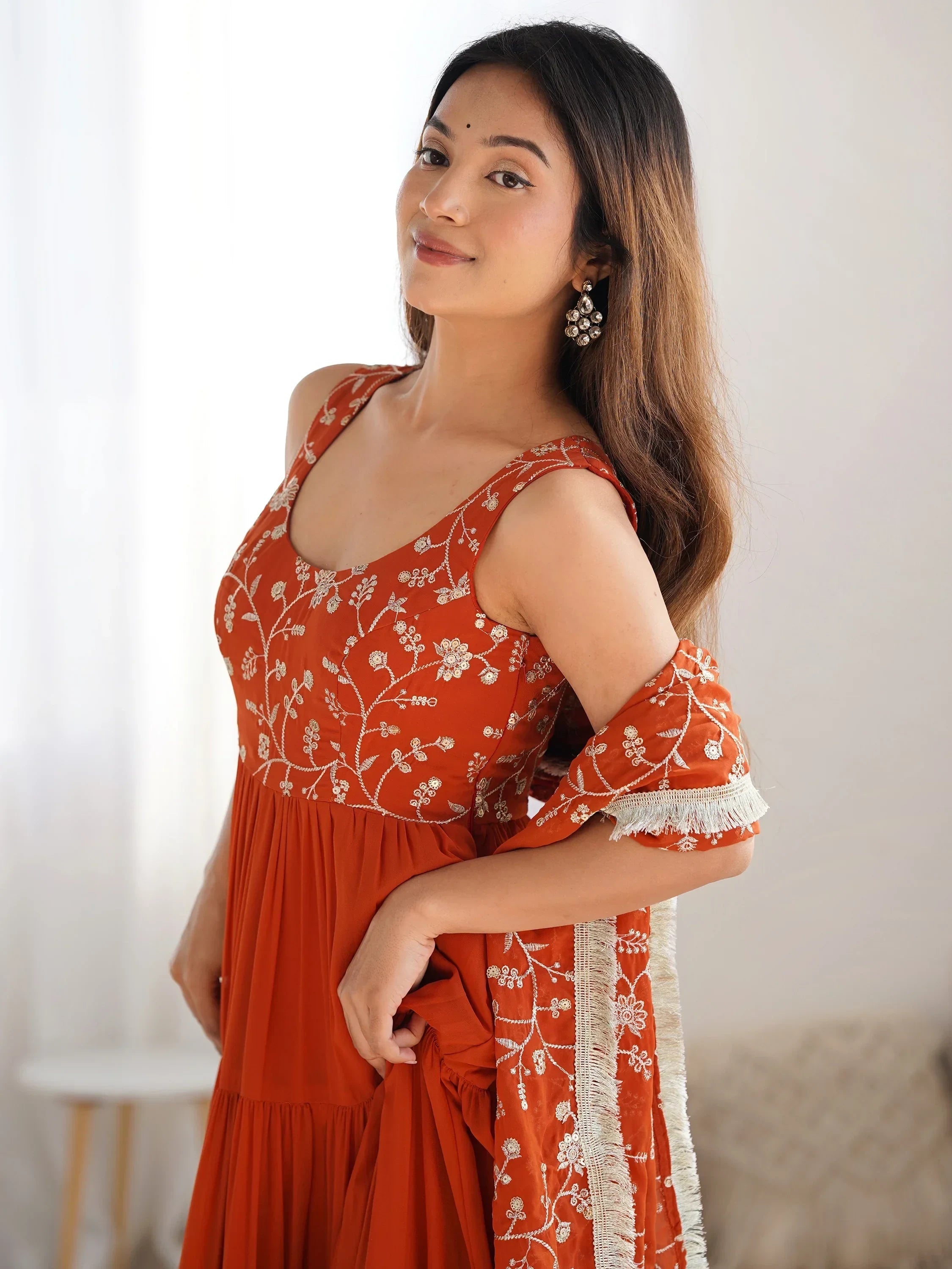 Orange Fascinating Embroidered Georgette Anarkali Gown With Dupatta