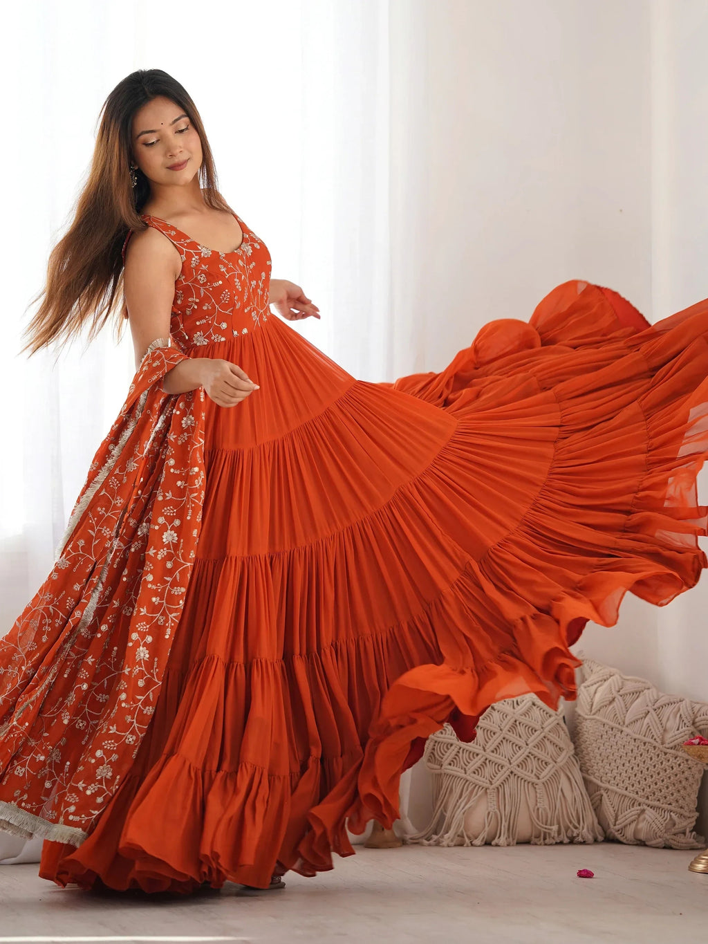Orange Fascinating Embroidered Georgette Anarkali Gown With Dupatta