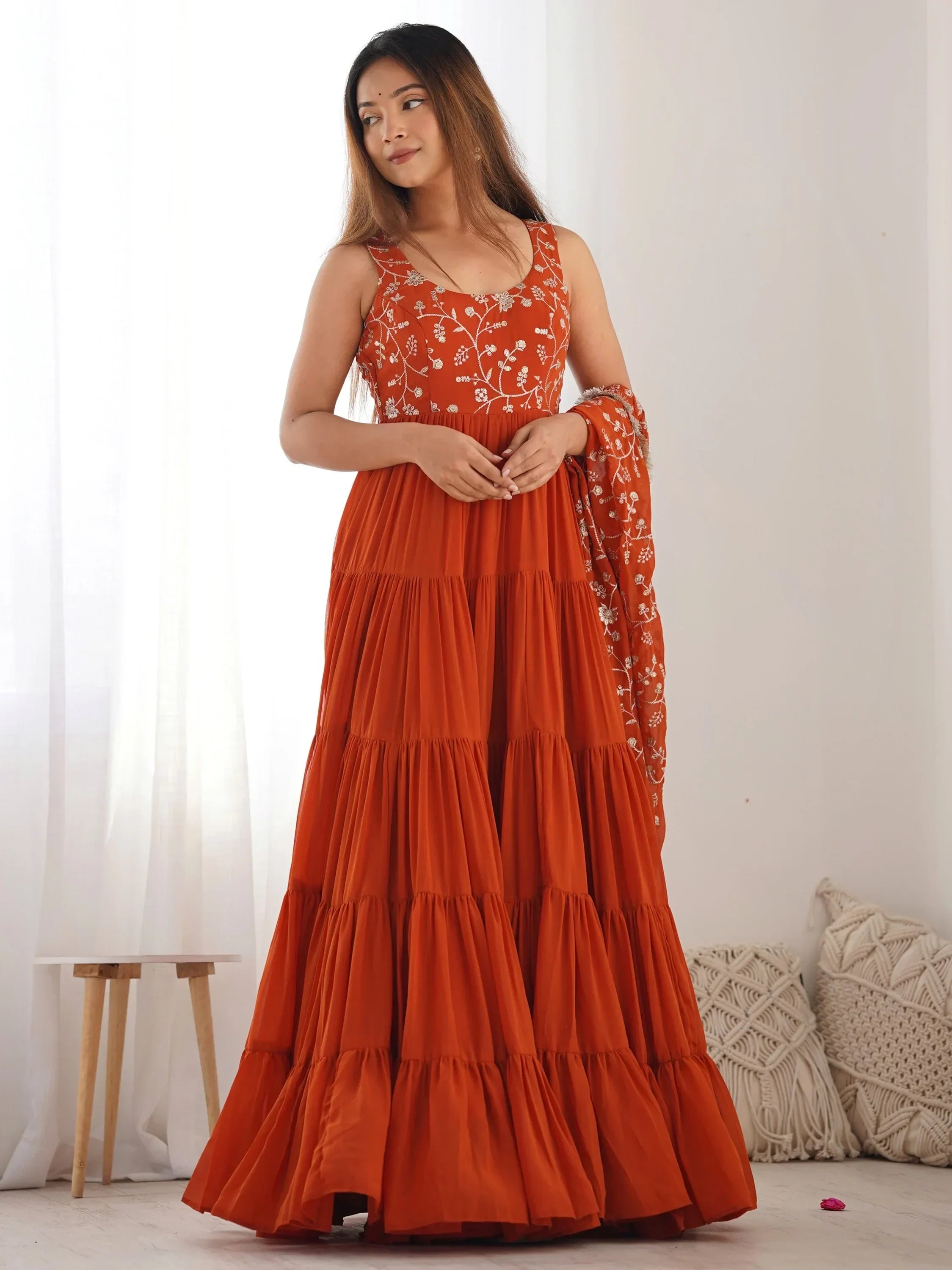 Orange Fascinating Embroidered Georgette Anarkali Gown With Dupatta