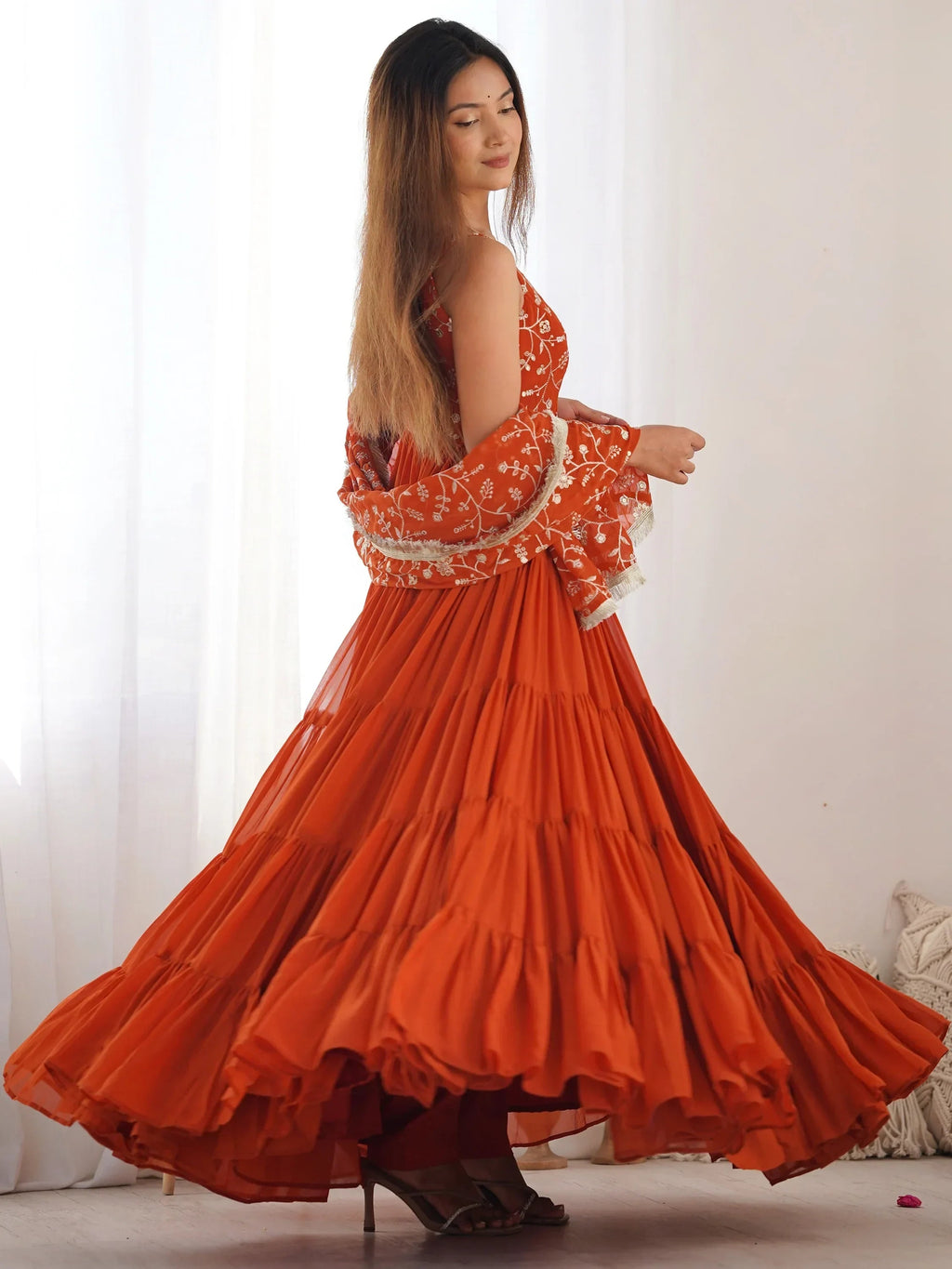 Orange Fascinating Embroidered Georgette Anarkali Gown With Dupatta