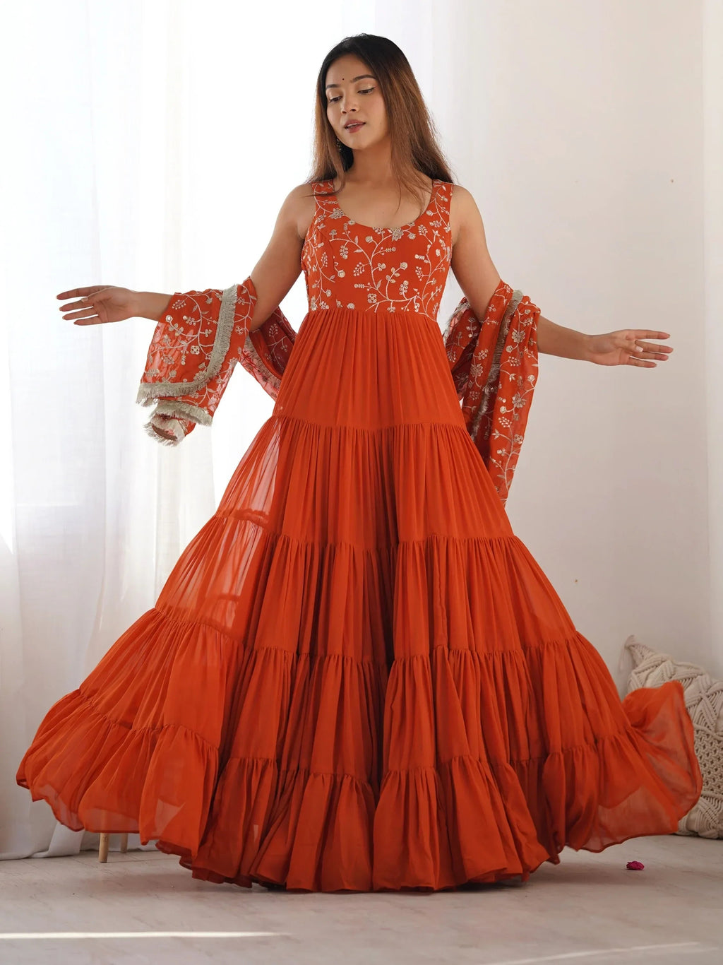 Orange Fascinating Embroidered Georgette Anarkali Gown With Dupatta