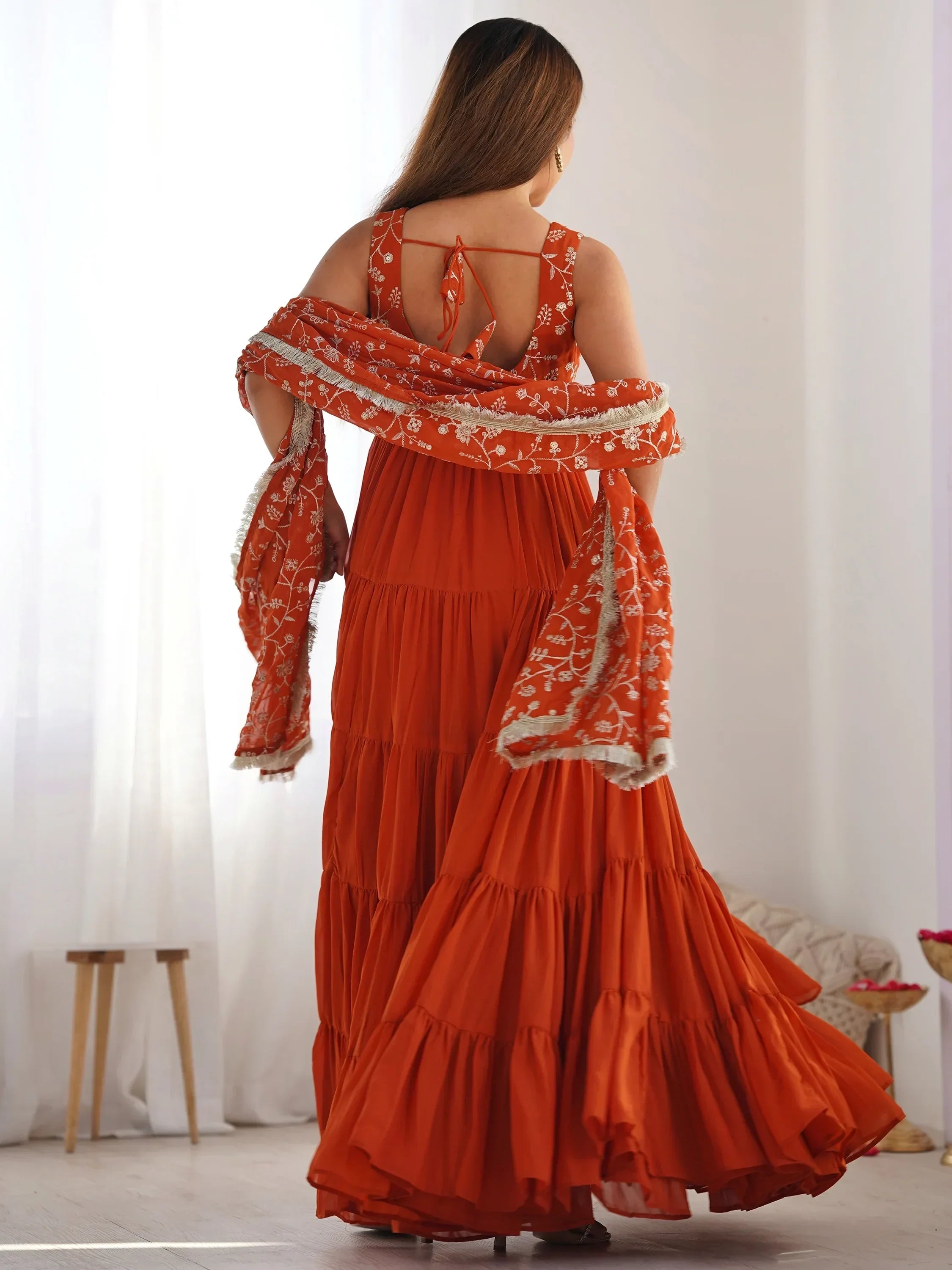 Orange Fascinating Embroidered Georgette Anarkali Gown With Dupatta