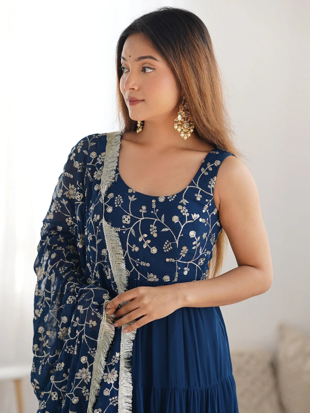 Teal Fascinating Embroidered Georgette Anarkali Gown With Dupatta