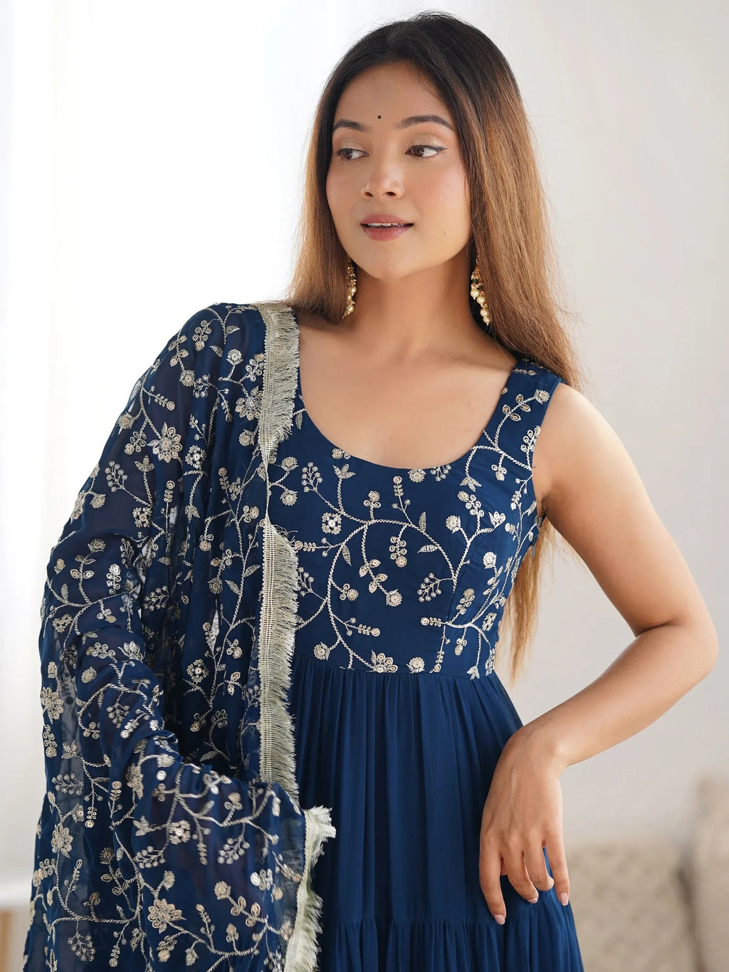 Teal Fascinating Embroidered Georgette Anarkali Gown With Dupatta