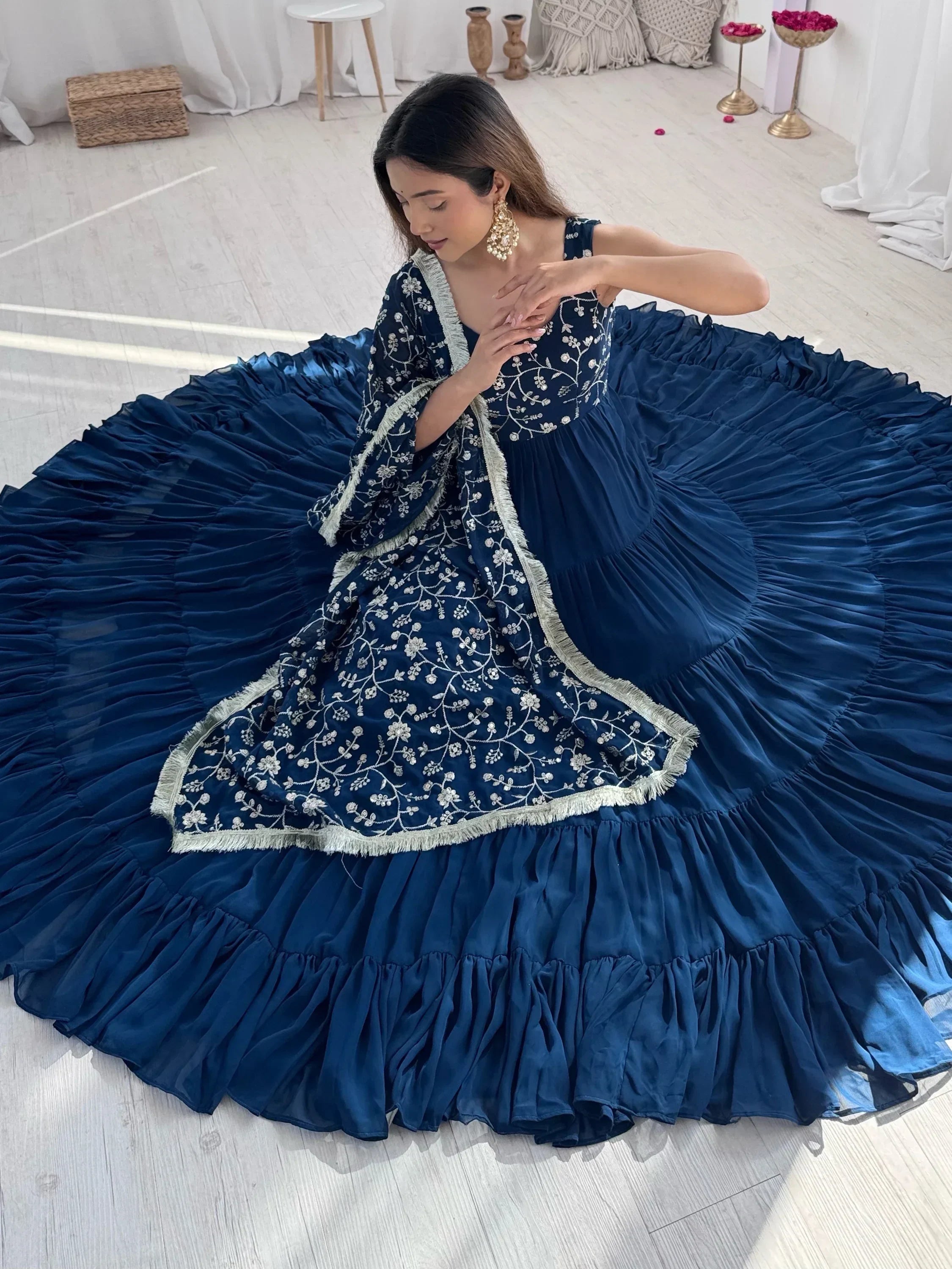 Teal Fascinating Embroidered Georgette Anarkali Gown With Dupatta