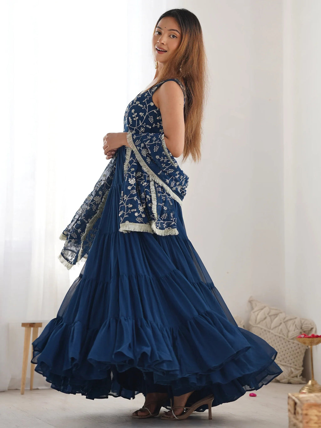 Teal Fascinating Embroidered Georgette Anarkali Gown With Dupatta