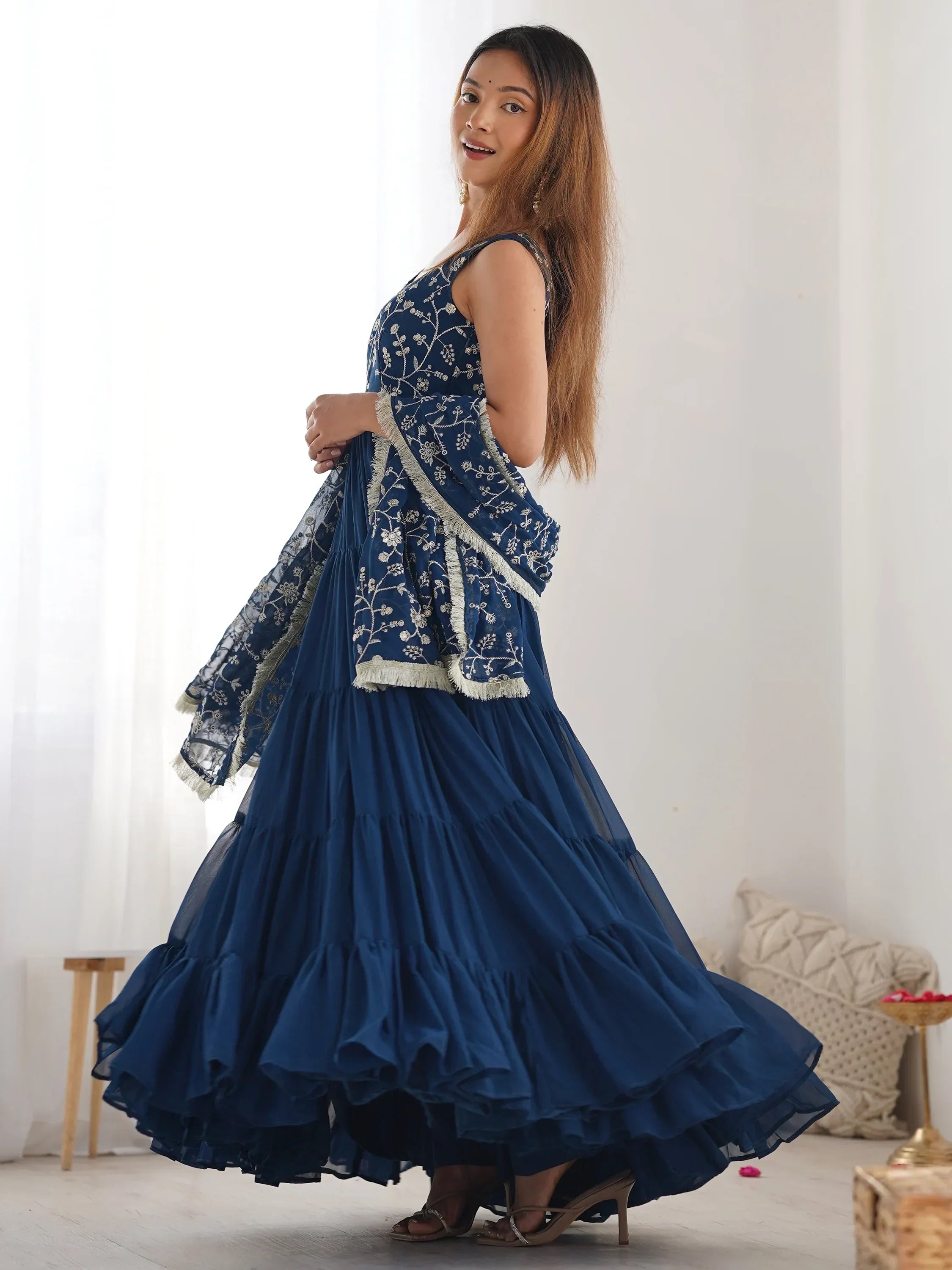 Teal Fascinating Embroidered Georgette Anarkali Gown With Dupatta