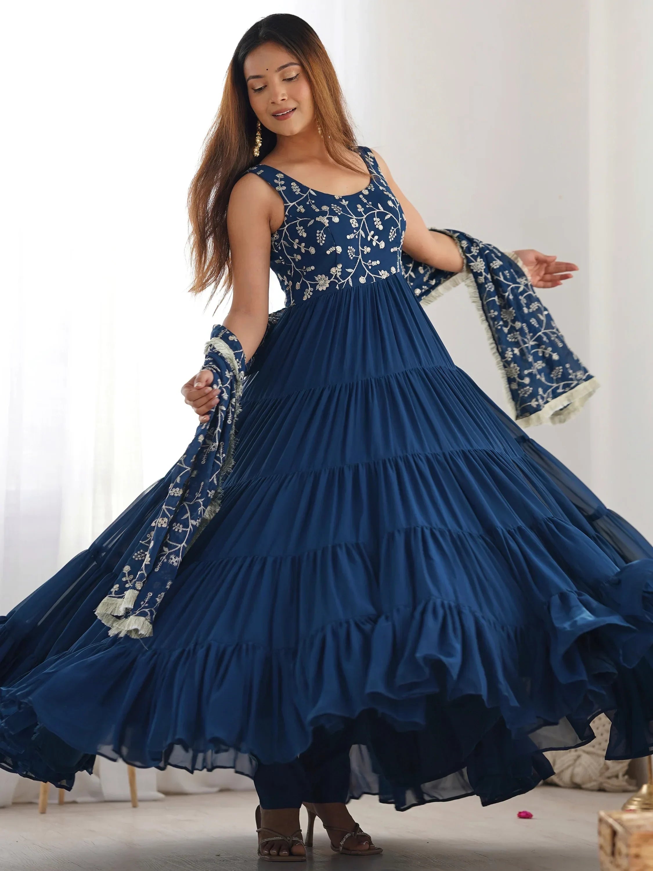Teal Fascinating Embroidered Georgette Anarkali Gown With Dupatta