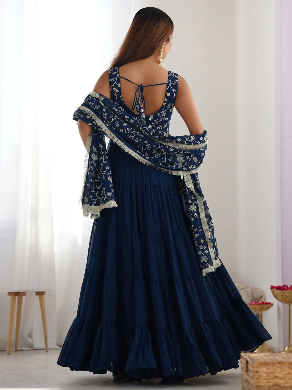 Teal Fascinating Embroidered Georgette Anarkali Gown With Dupatta
