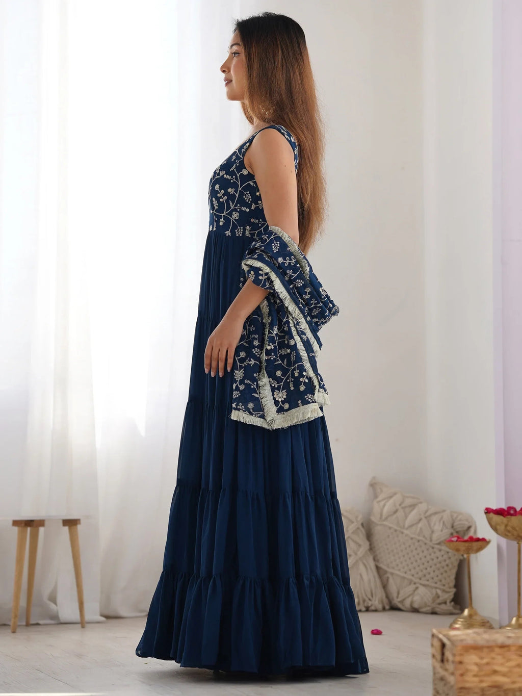Teal Fascinating Embroidered Georgette Anarkali Gown With Dupatta