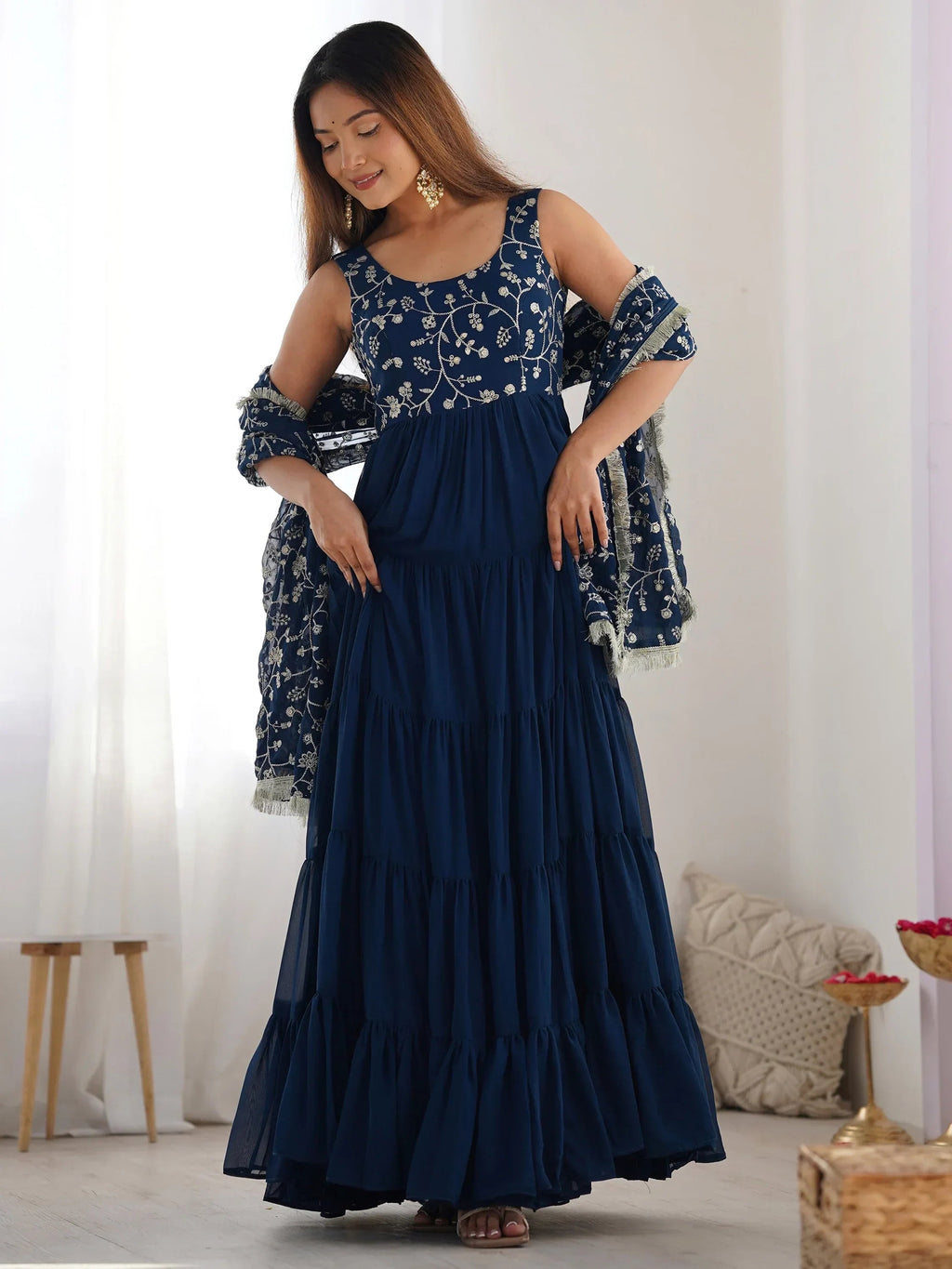 Teal Fascinating Embroidered Georgette Anarkali Gown With Dupatta