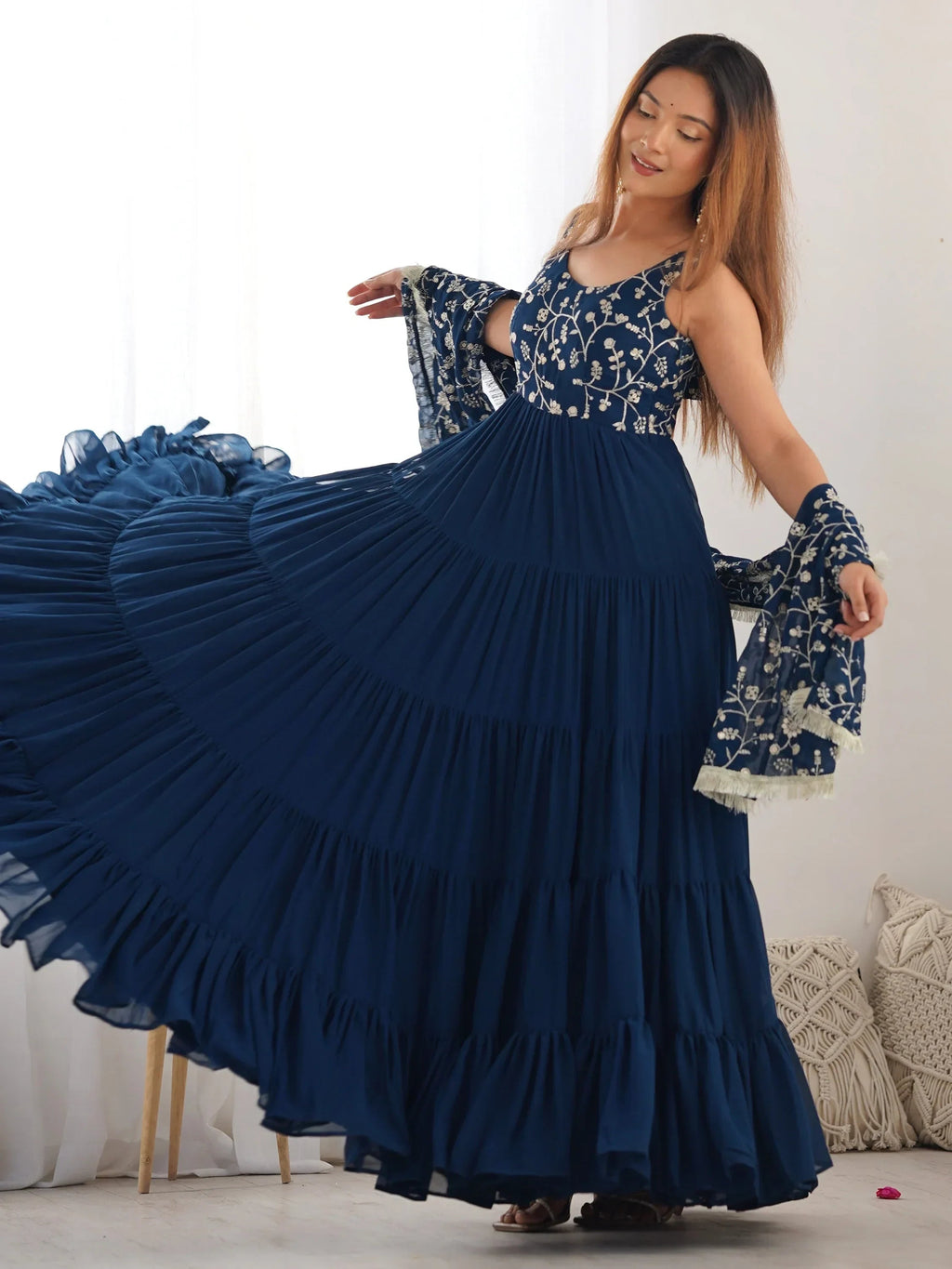 Teal Fascinating Embroidered Georgette Anarkali Gown With Dupatta