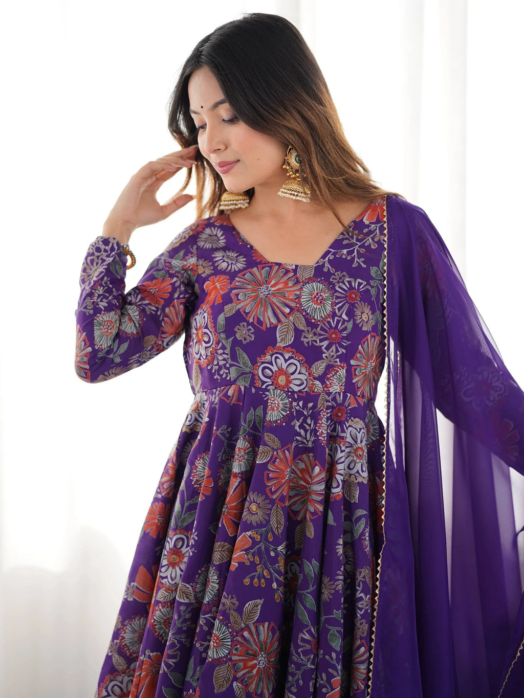 Purple Stunning Floral Printed Silk Designer Palazzo Suit With Dupatta