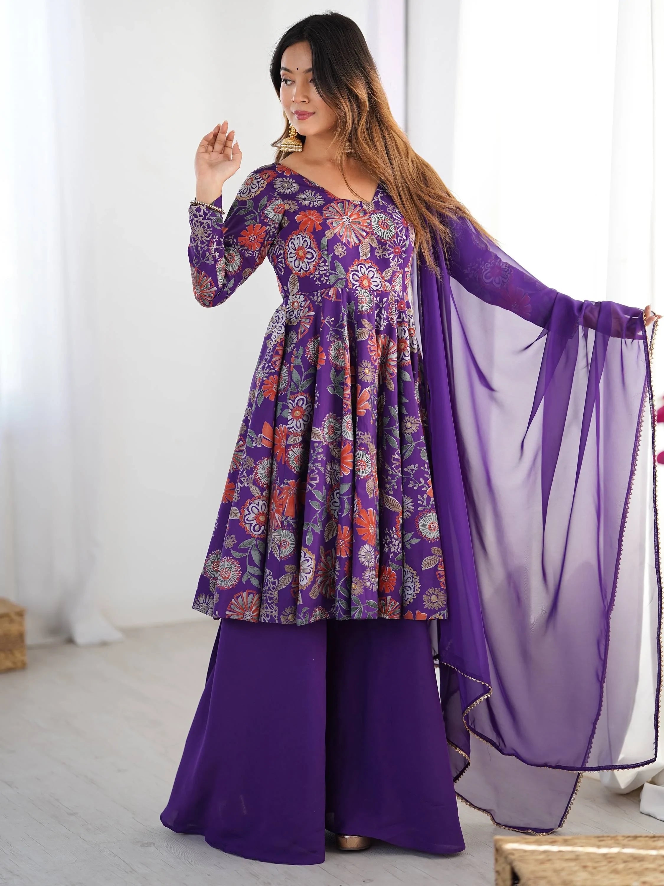Purple Stunning Floral Printed Silk Designer Palazzo Suit With Dupatta