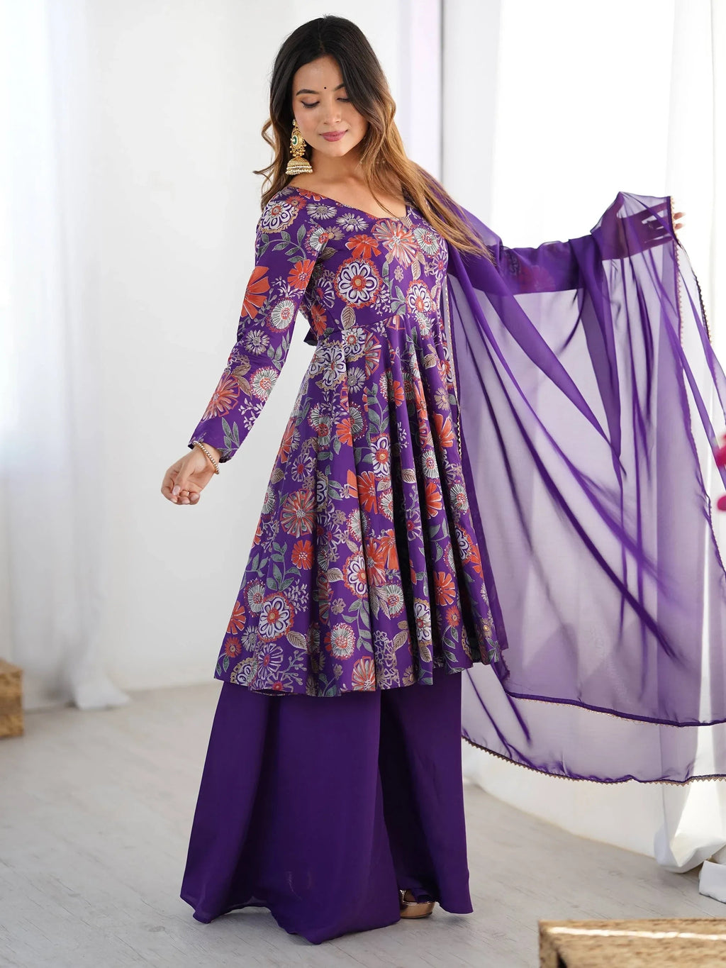 Purple Stunning Floral Printed Silk Designer Palazzo Suit With Dupatta