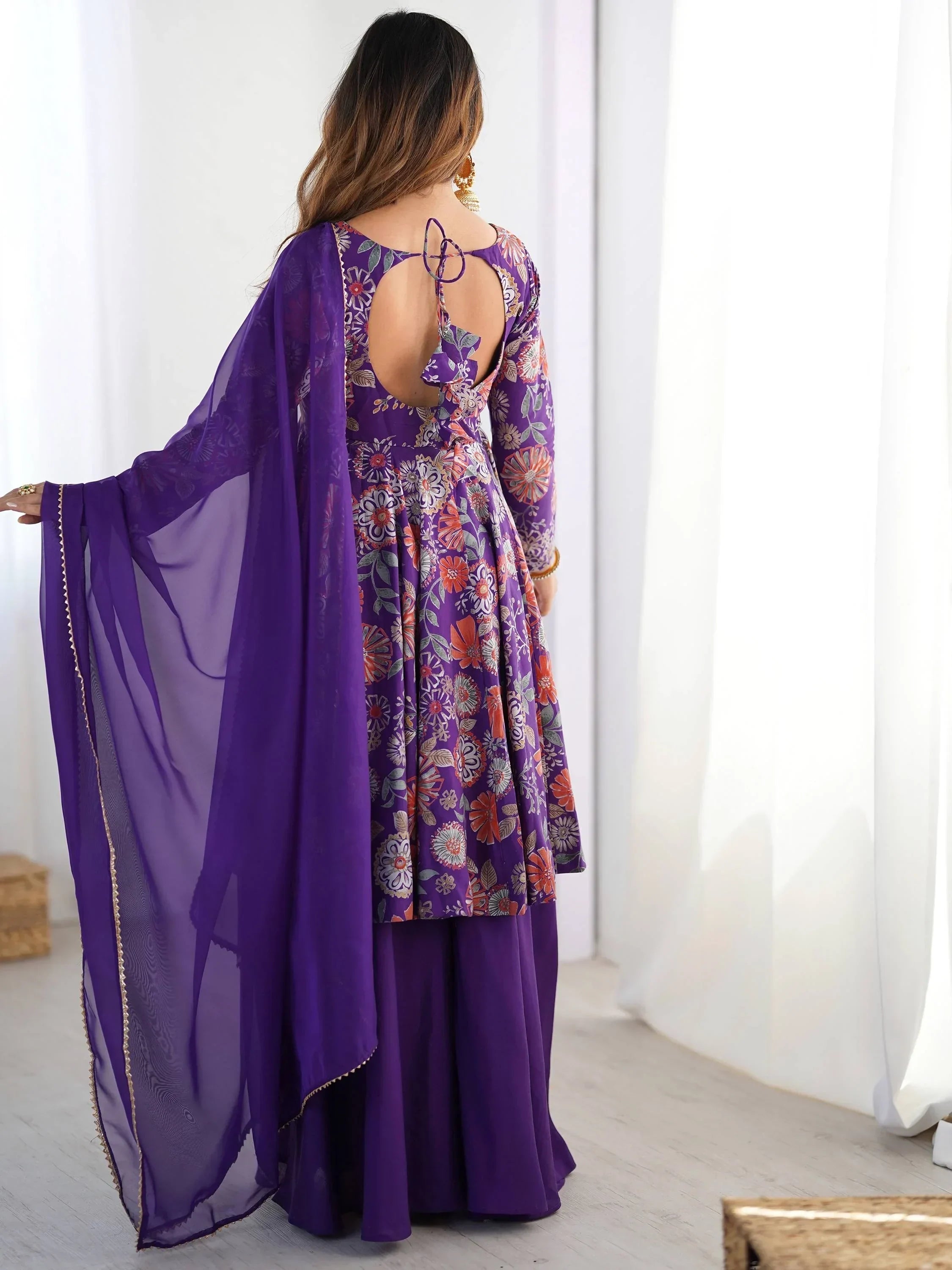 Purple Stunning Floral Printed Silk Designer Palazzo Suit With Dupatta