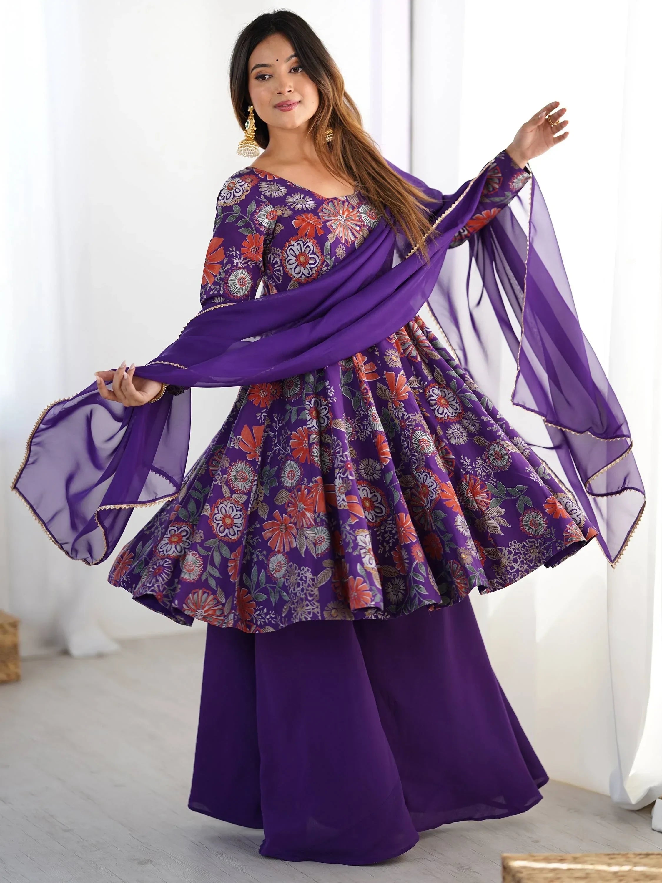 Purple Stunning Floral Printed Silk Designer Palazzo Suit With Dupatta