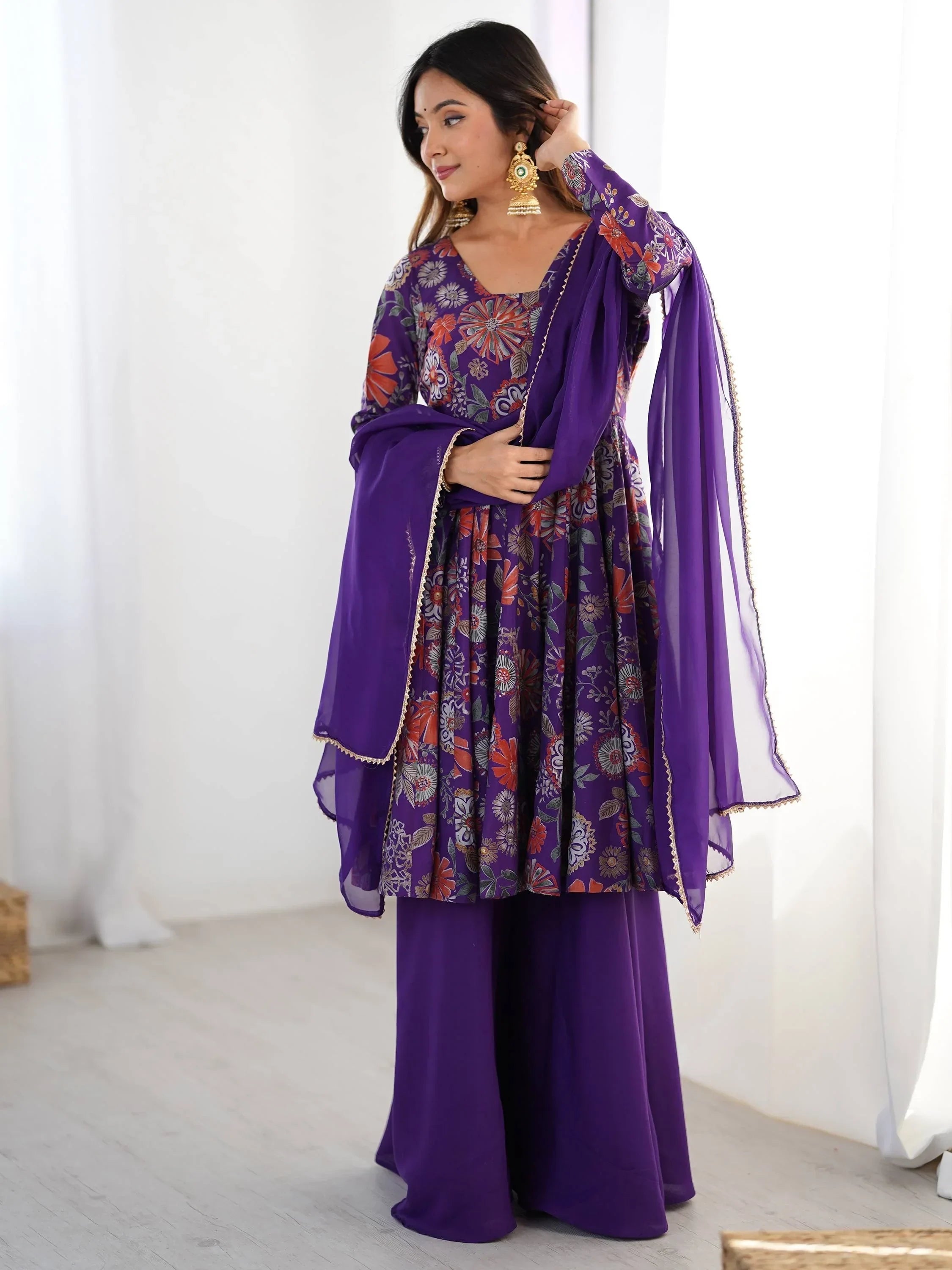 Purple Stunning Floral Printed Silk Designer Palazzo Suit With Dupatta