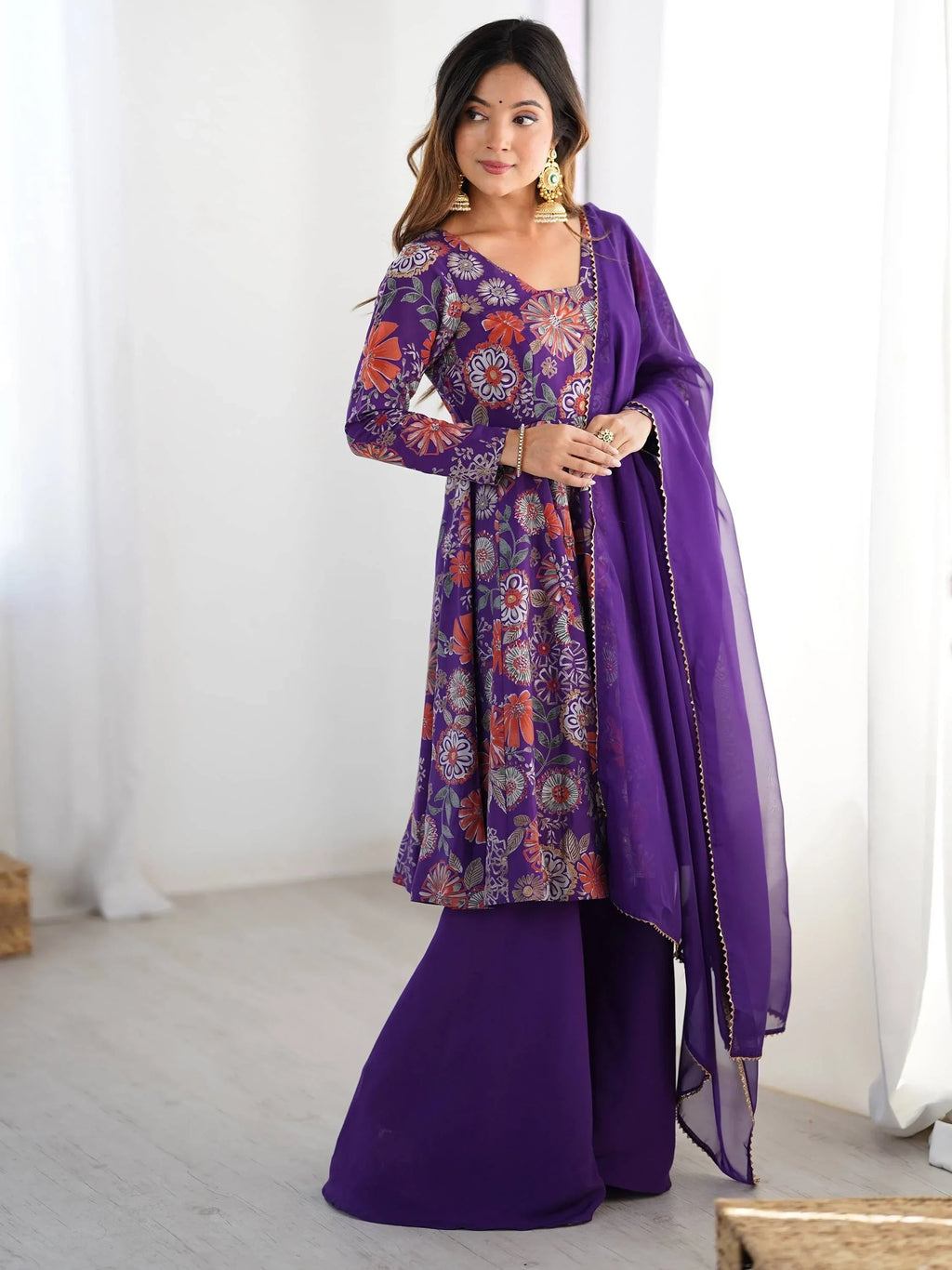 Purple Stunning Floral Printed Silk Designer Palazzo Suit With Dupatta
