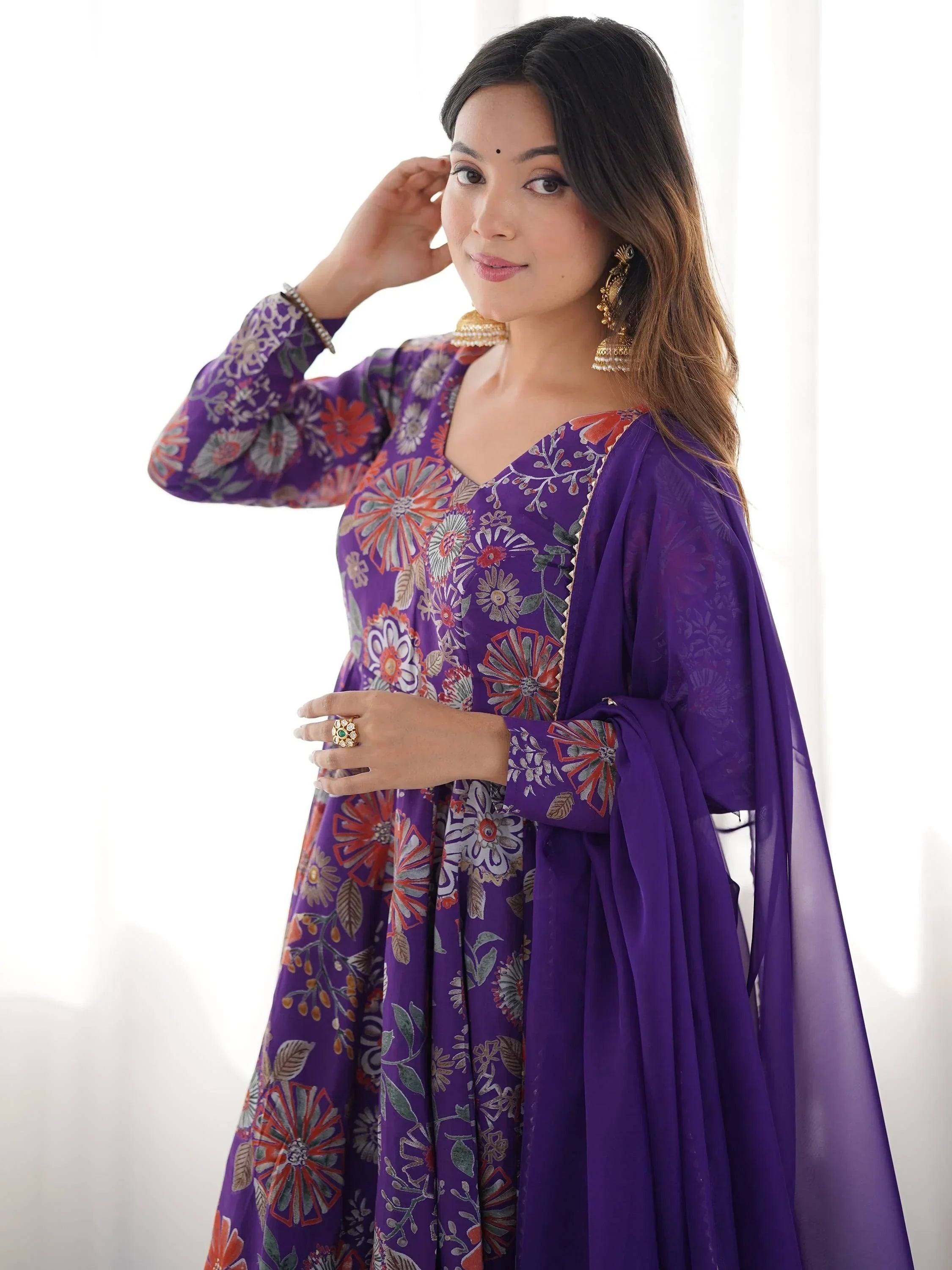 Purple Stunning Floral Printed Silk Designer Palazzo Suit With Dupatta