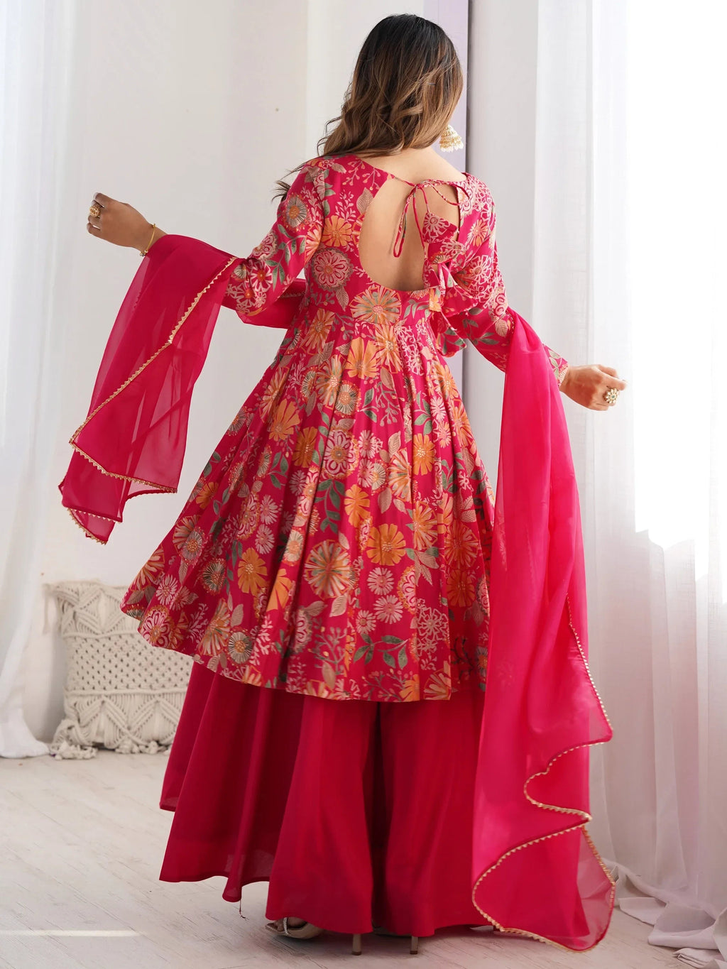 Pink Stunning Floral Printed Silk Designer Palazzo Suit With Dupatta