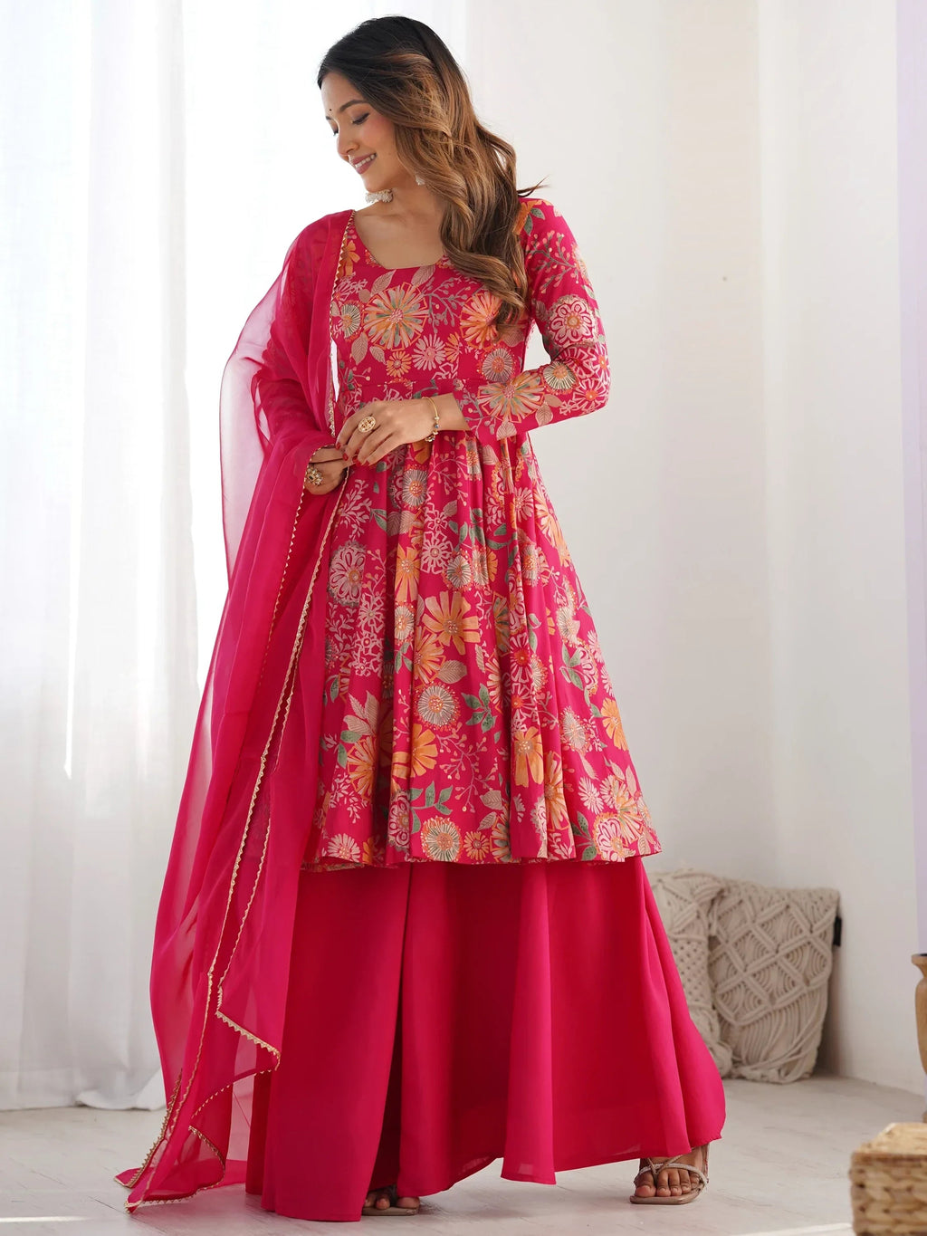 Pink Stunning Floral Printed Silk Designer Palazzo Suit With Dupatta