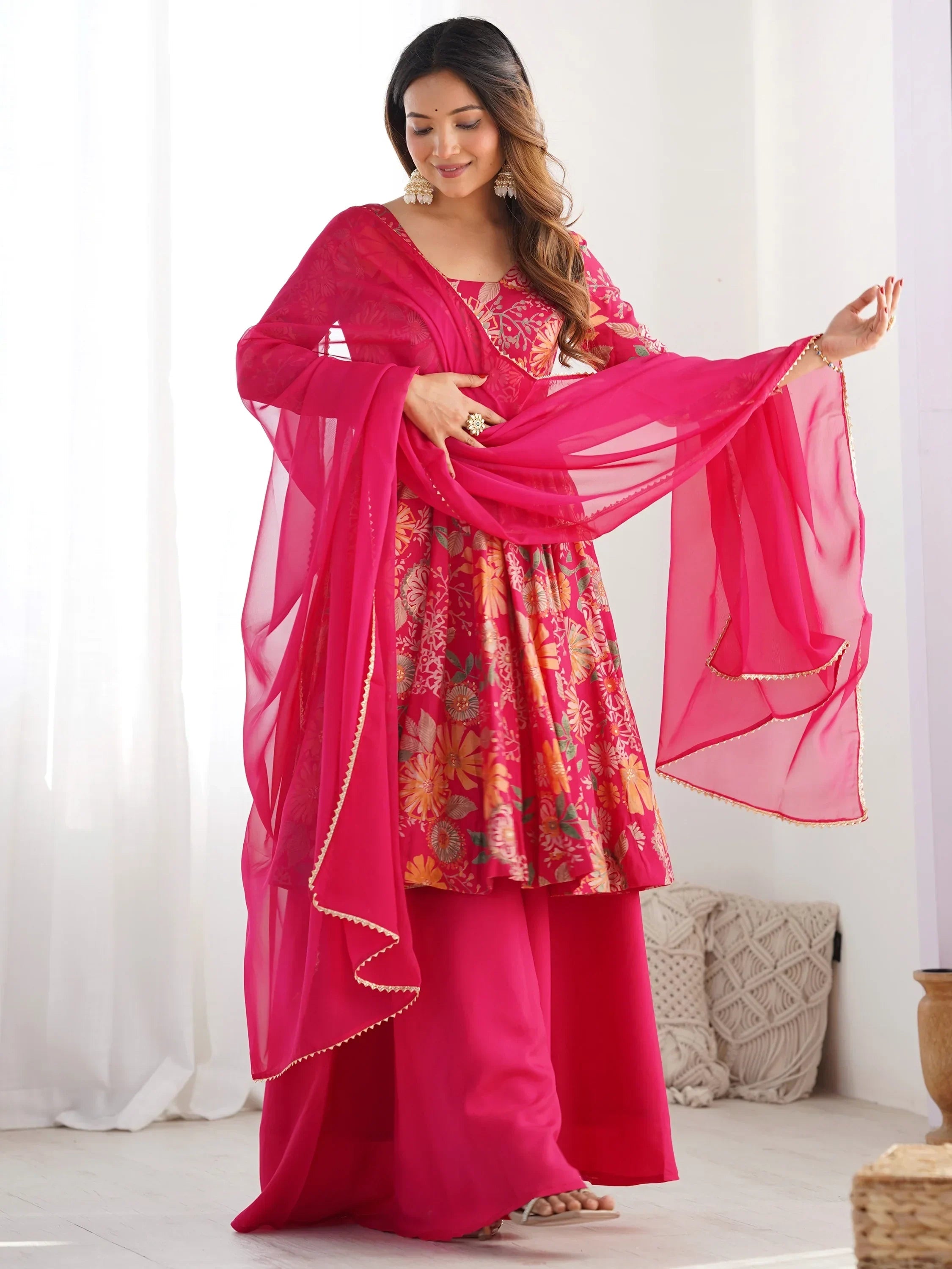 Pink Stunning Floral Printed Silk Designer Palazzo Suit With Dupatta