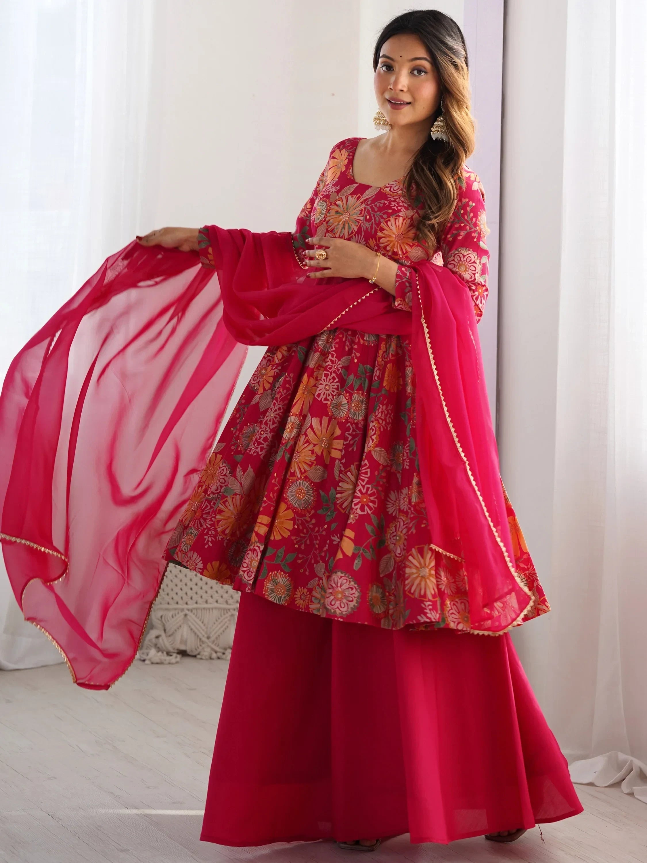 Pink Stunning Floral Printed Silk Designer Palazzo Suit With Dupatta