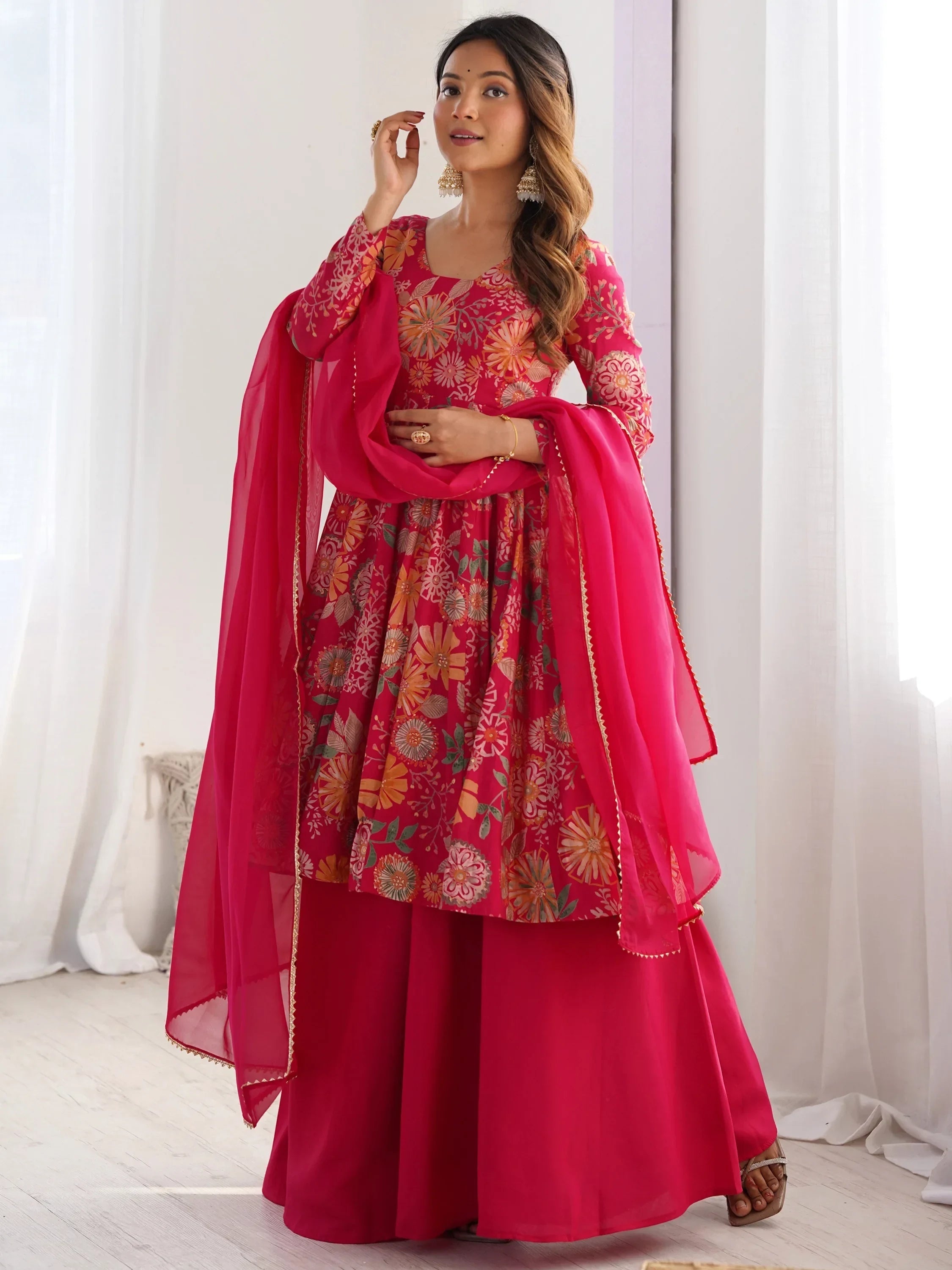 Pink Stunning Floral Printed Silk Designer Palazzo Suit With Dupatta