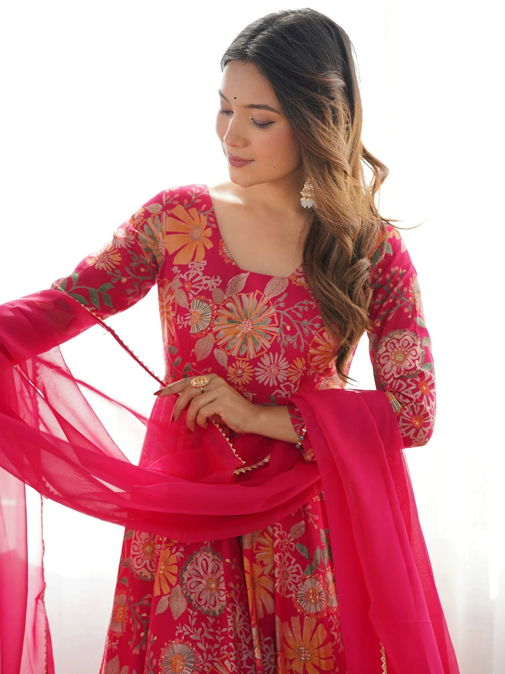 Pink Stunning Floral Printed Silk Designer Palazzo Suit With Dupatta