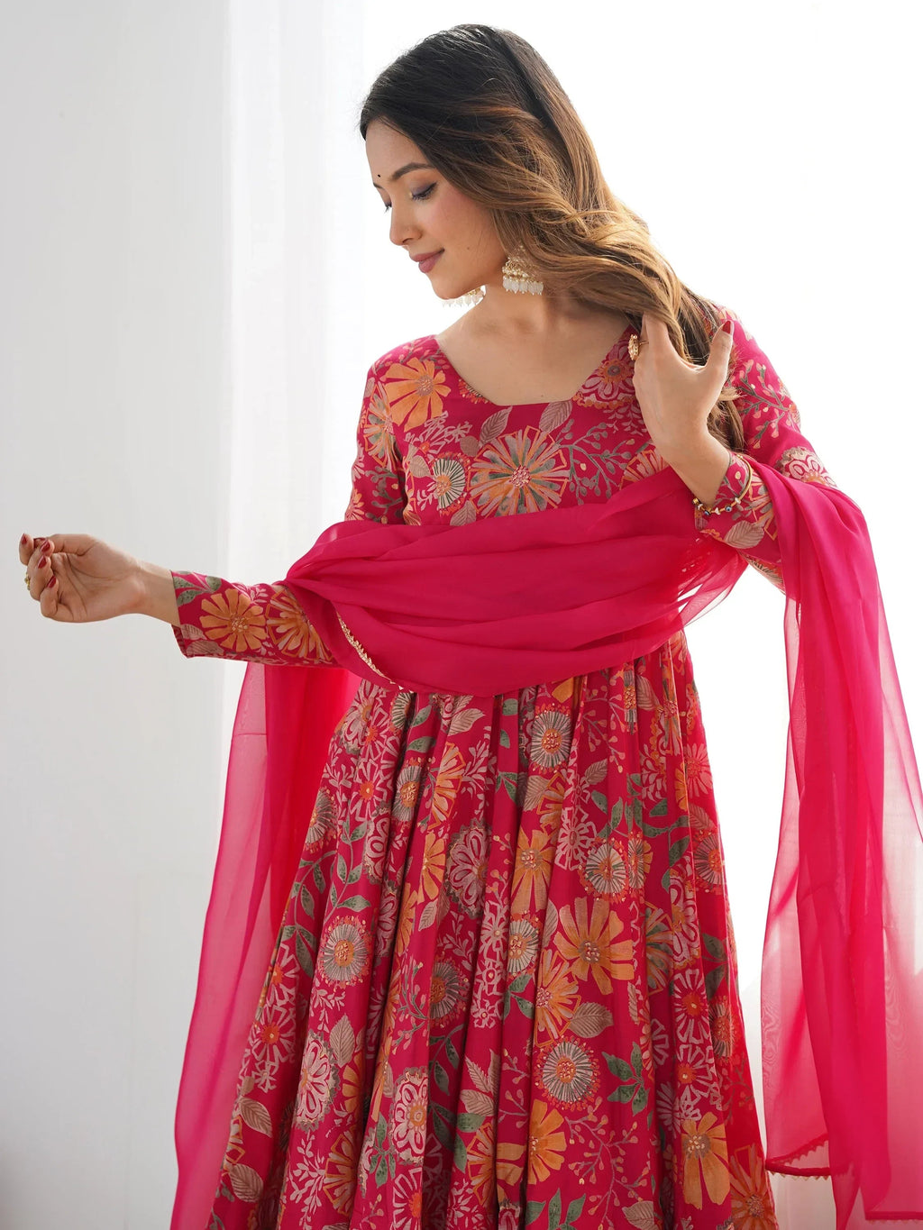Pink Stunning Floral Printed Silk Designer Palazzo Suit With Dupatta