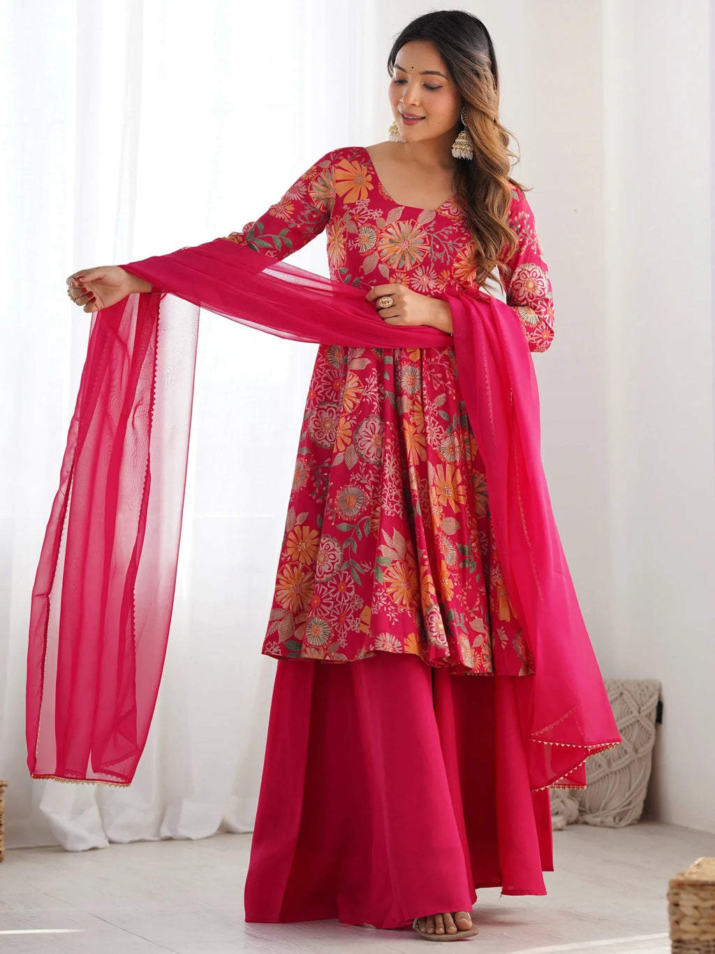 Pink Stunning Floral Printed Silk Designer Palazzo Suit With Dupatta