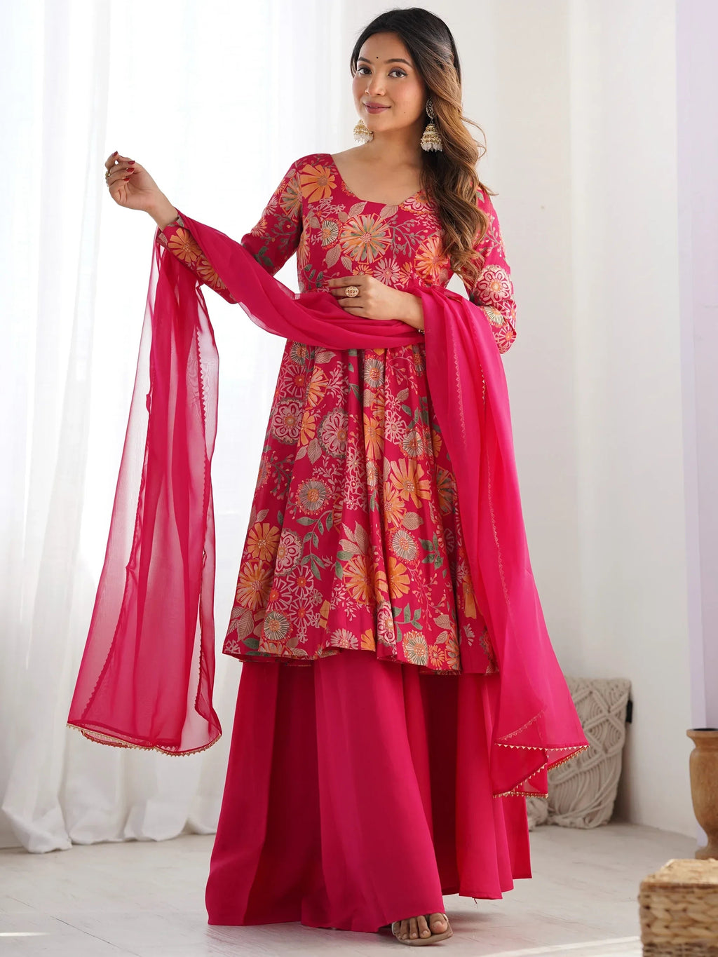 Pink Stunning Floral Printed Silk Designer Palazzo Suit With Dupatta