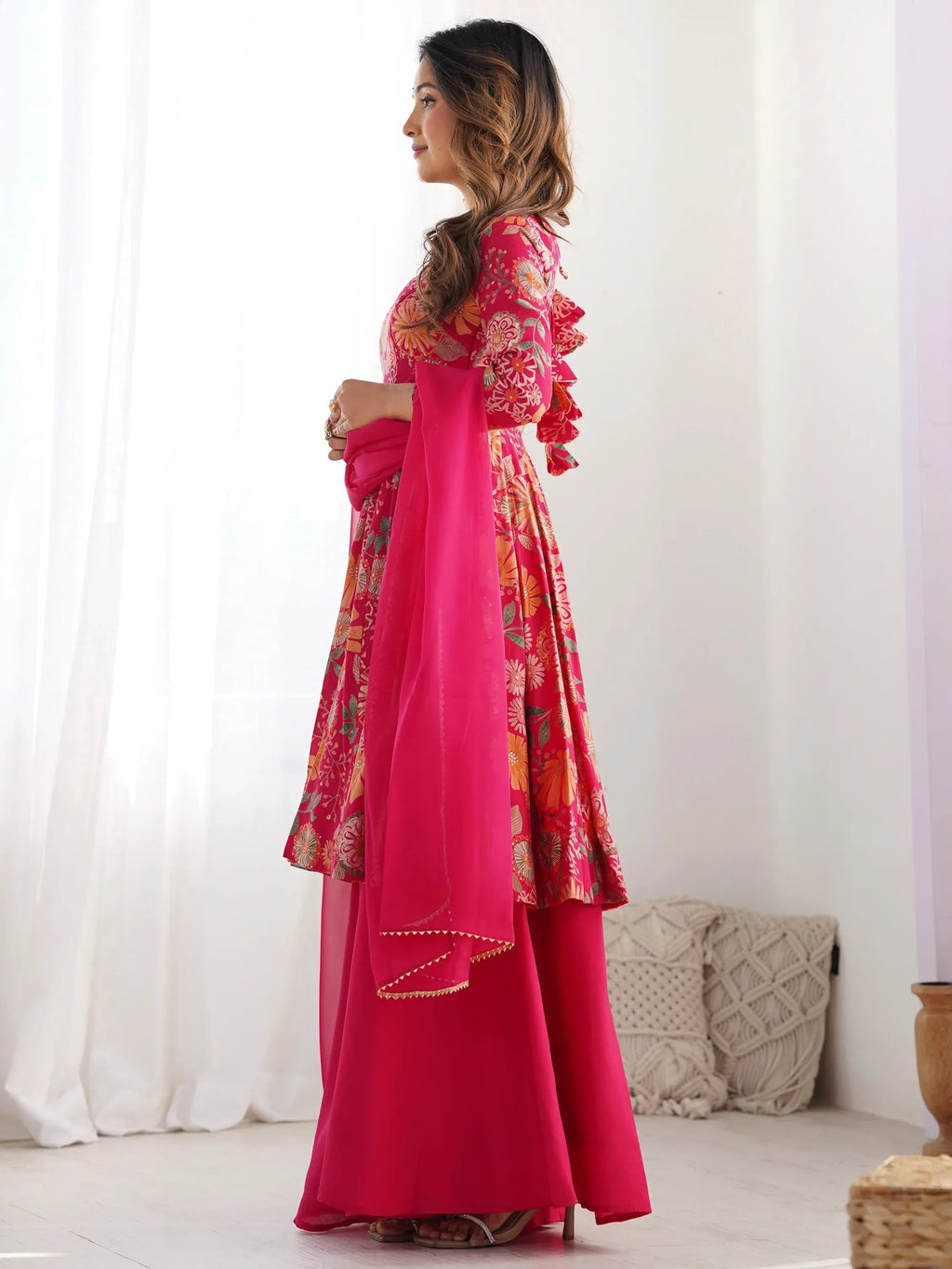 Pink Stunning Floral Printed Silk Designer Palazzo Suit With Dupatta