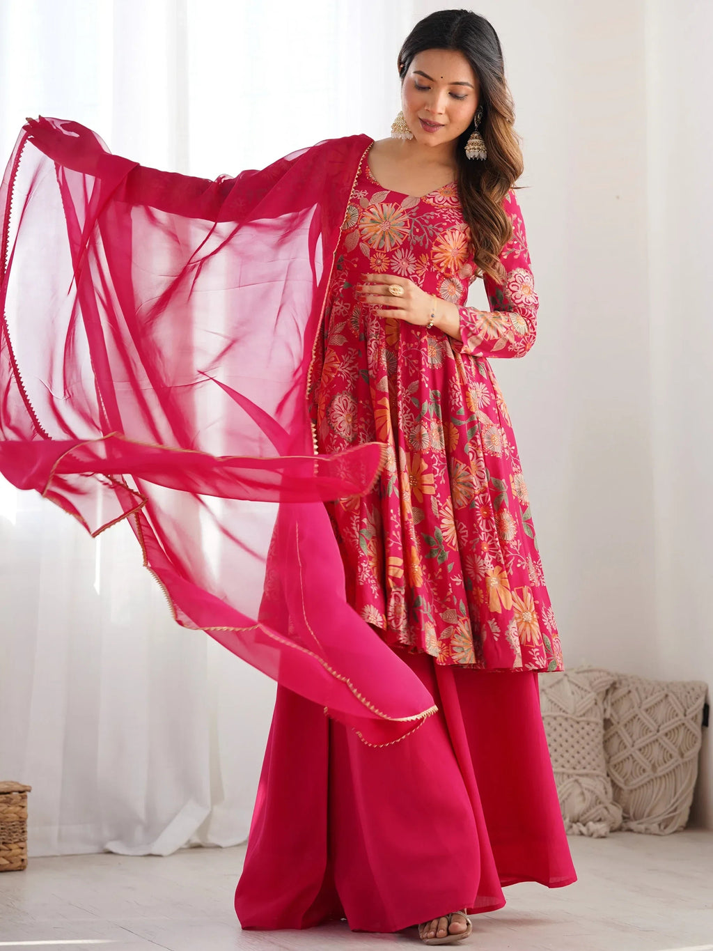 Pink Stunning Floral Printed Silk Designer Palazzo Suit With Dupatta