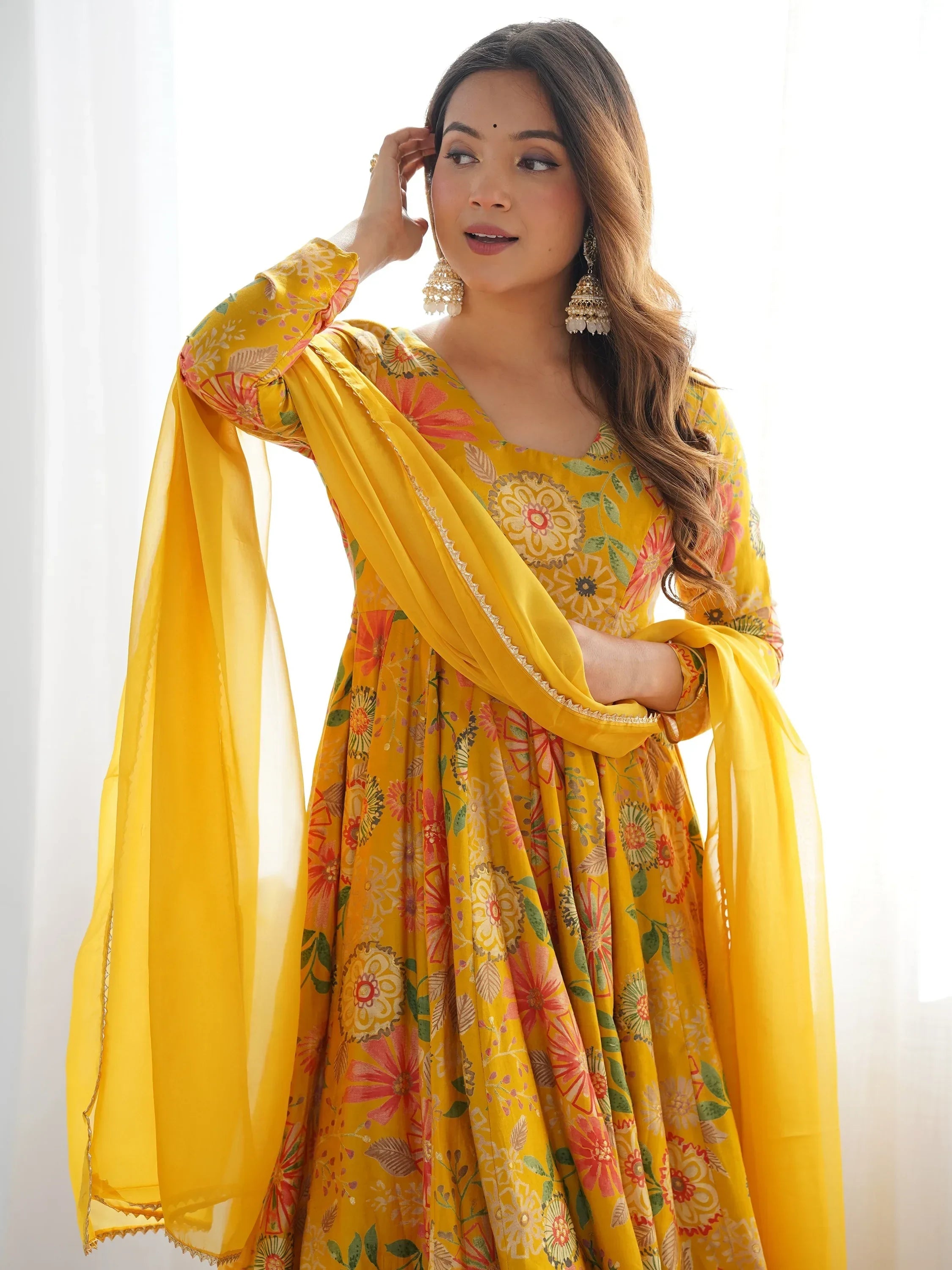 Yellow Stunning Floral Printed Silk Designer Palazzo Suit With Dupatta