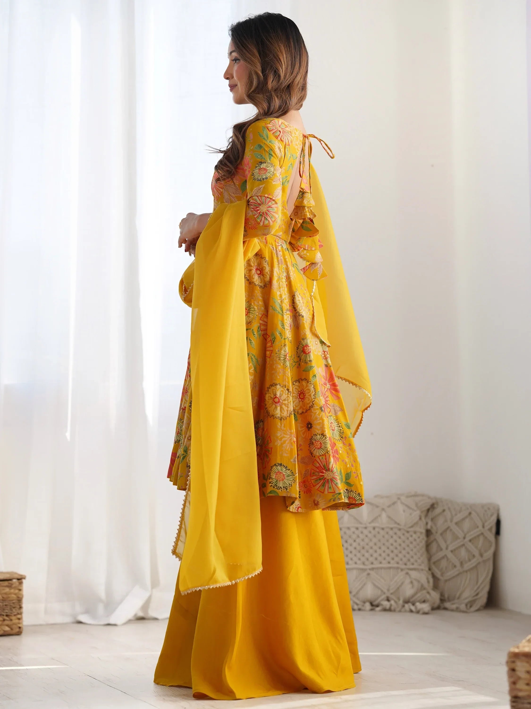 Yellow Stunning Floral Printed Silk Designer Palazzo Suit With Dupatta