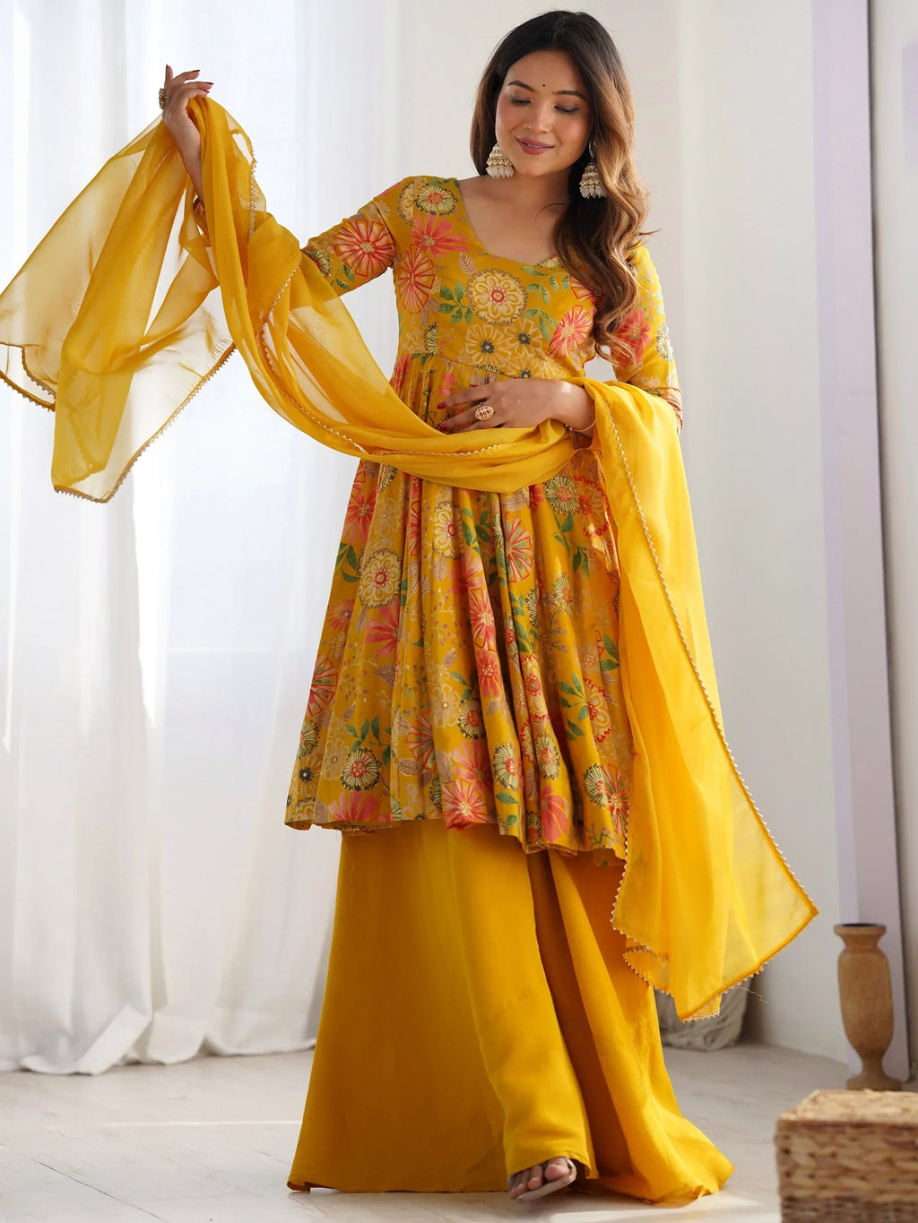 Yellow Stunning Floral Printed Silk Designer Palazzo Suit With Dupatta