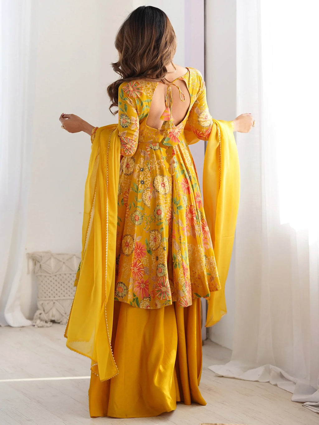 Yellow Stunning Floral Printed Silk Designer Palazzo Suit With Dupatta