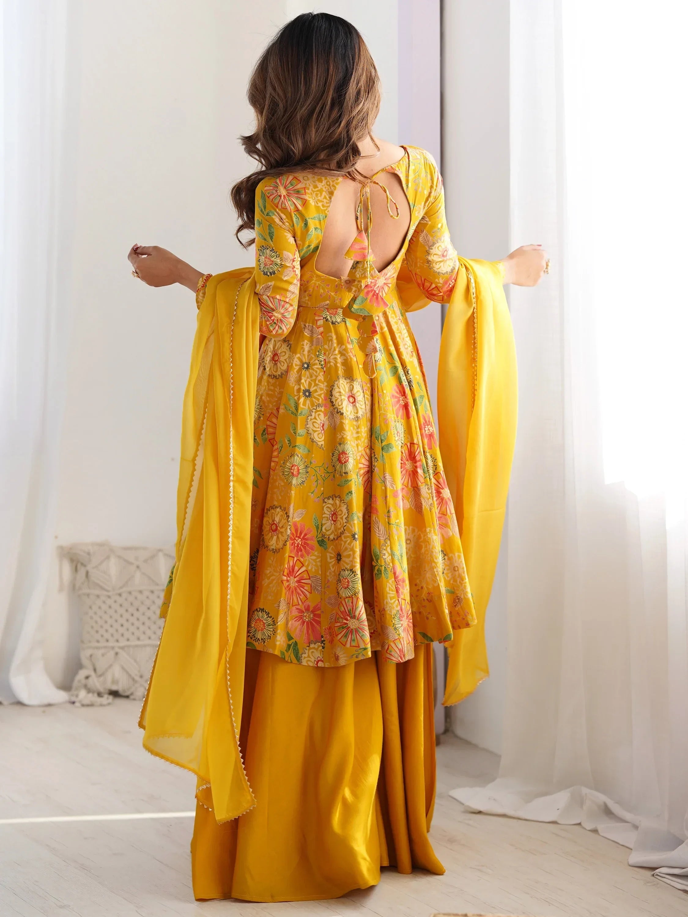 Yellow Stunning Floral Printed Silk Designer Palazzo Suit With Dupatta