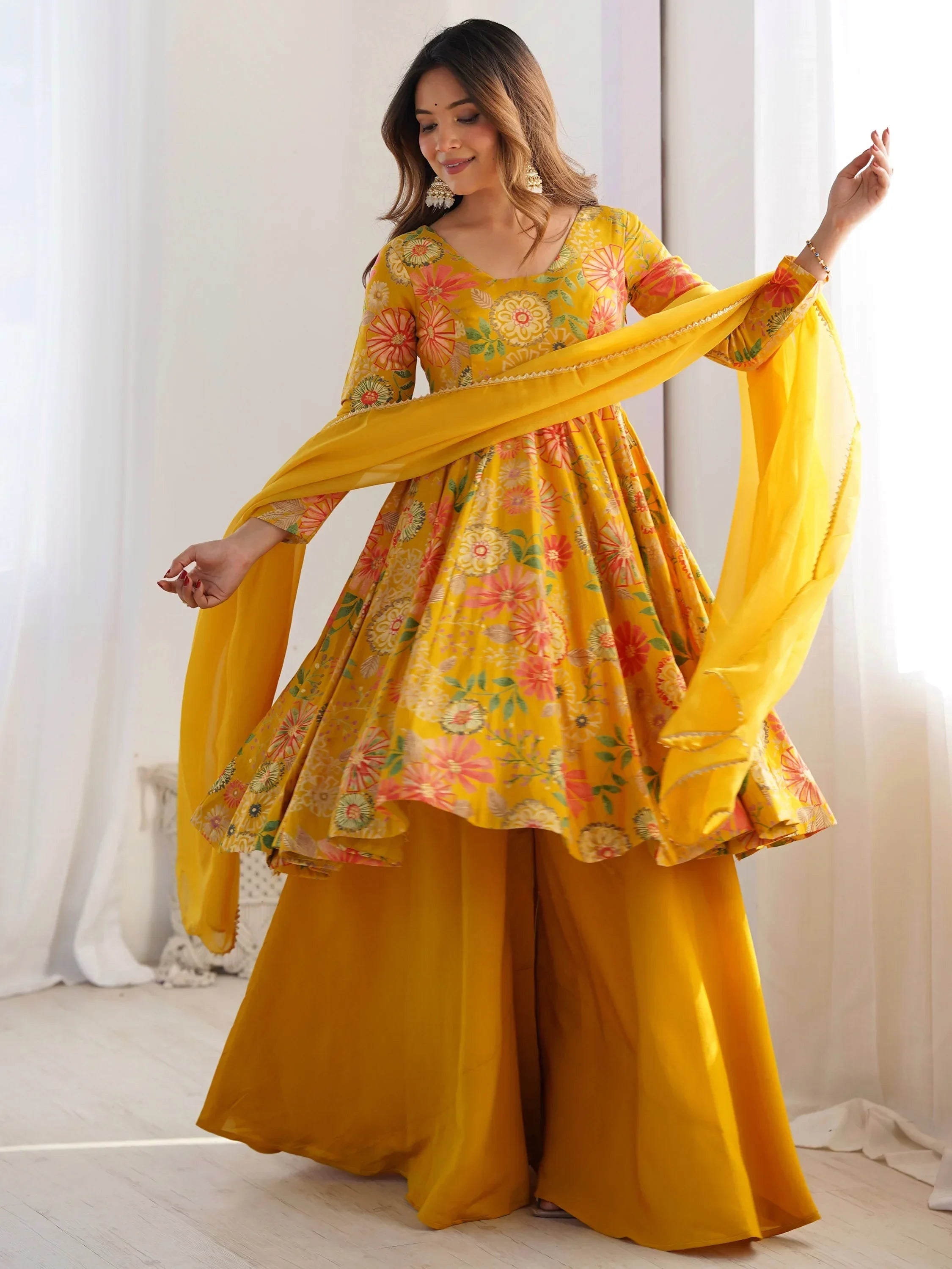 Yellow Stunning Floral Printed Silk Designer Palazzo Suit With Dupatta