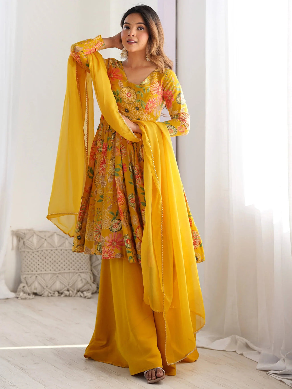 Yellow Stunning Floral Printed Silk Designer Palazzo Suit With Dupatta