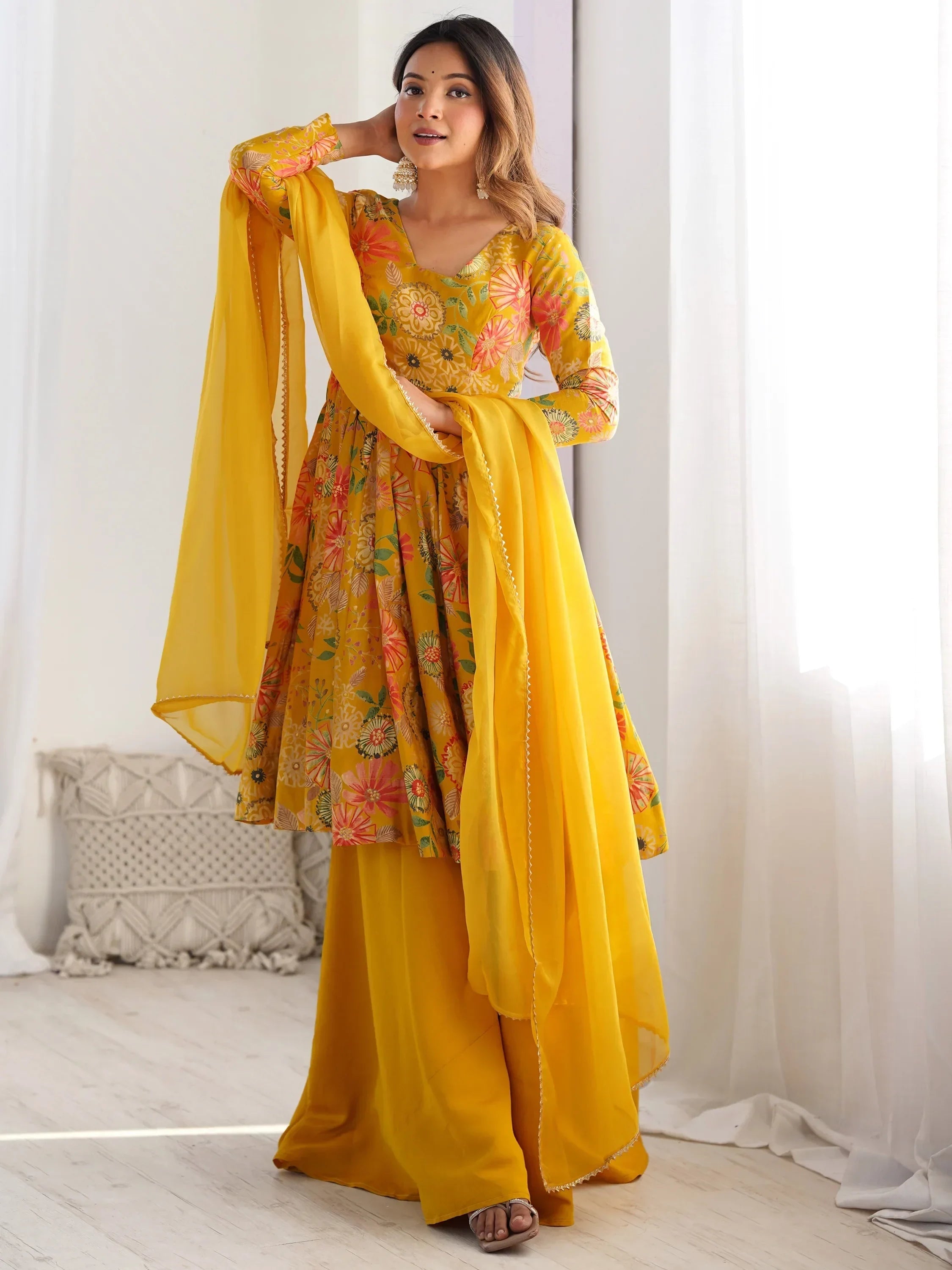 Yellow Stunning Floral Printed Silk Designer Palazzo Suit With Dupatta