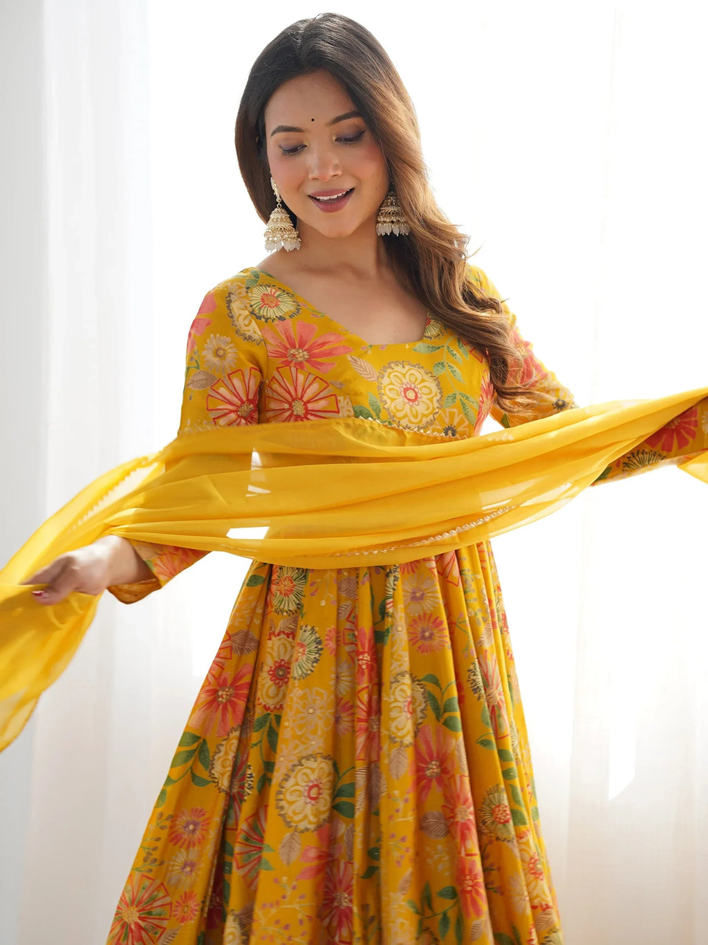 Yellow Stunning Floral Printed Silk Designer Palazzo Suit With Dupatta